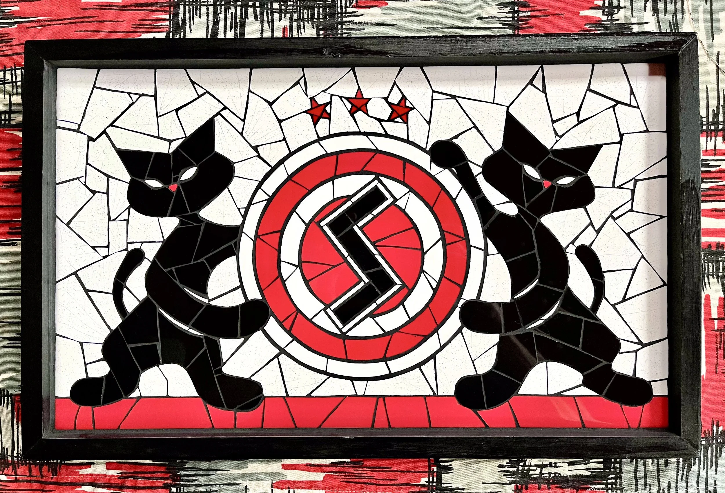 Label SFTI commission. Ceramic tiles on wood. 18"x10". 2023