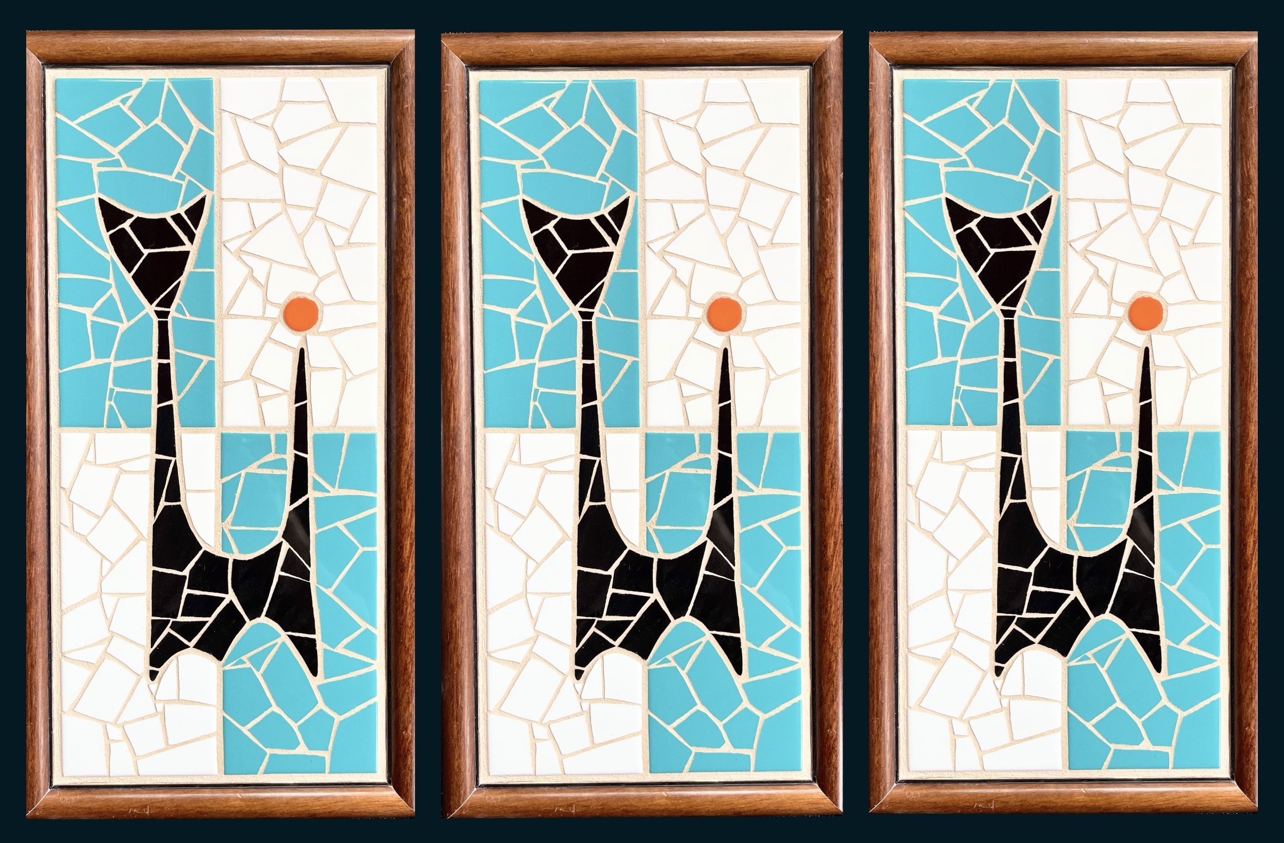 MCM cat. Ceramic tiles on wood. 13"x7"