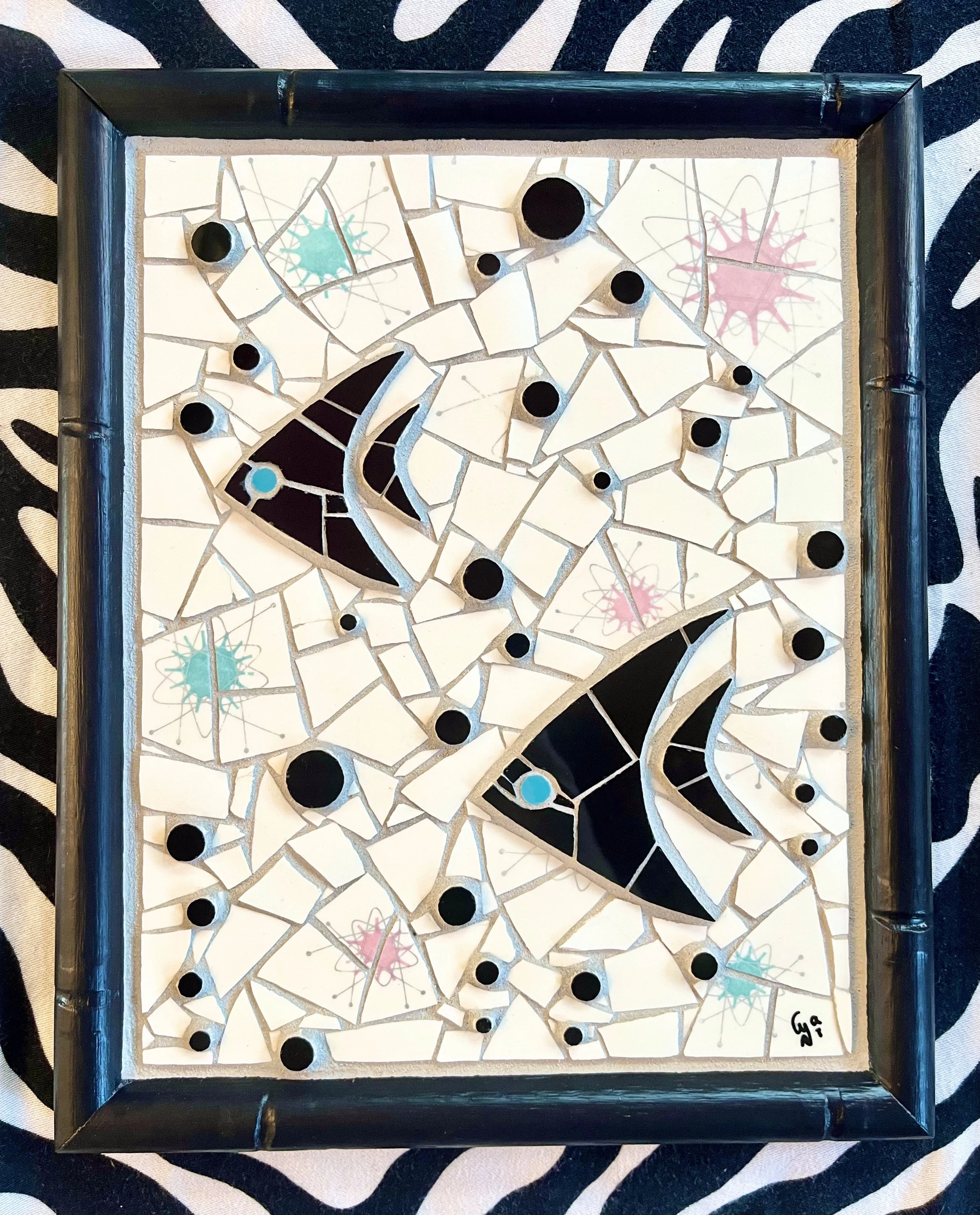 Bubbles angelfishes. Ceramic tiles on foam board. 11"x9". 2025
