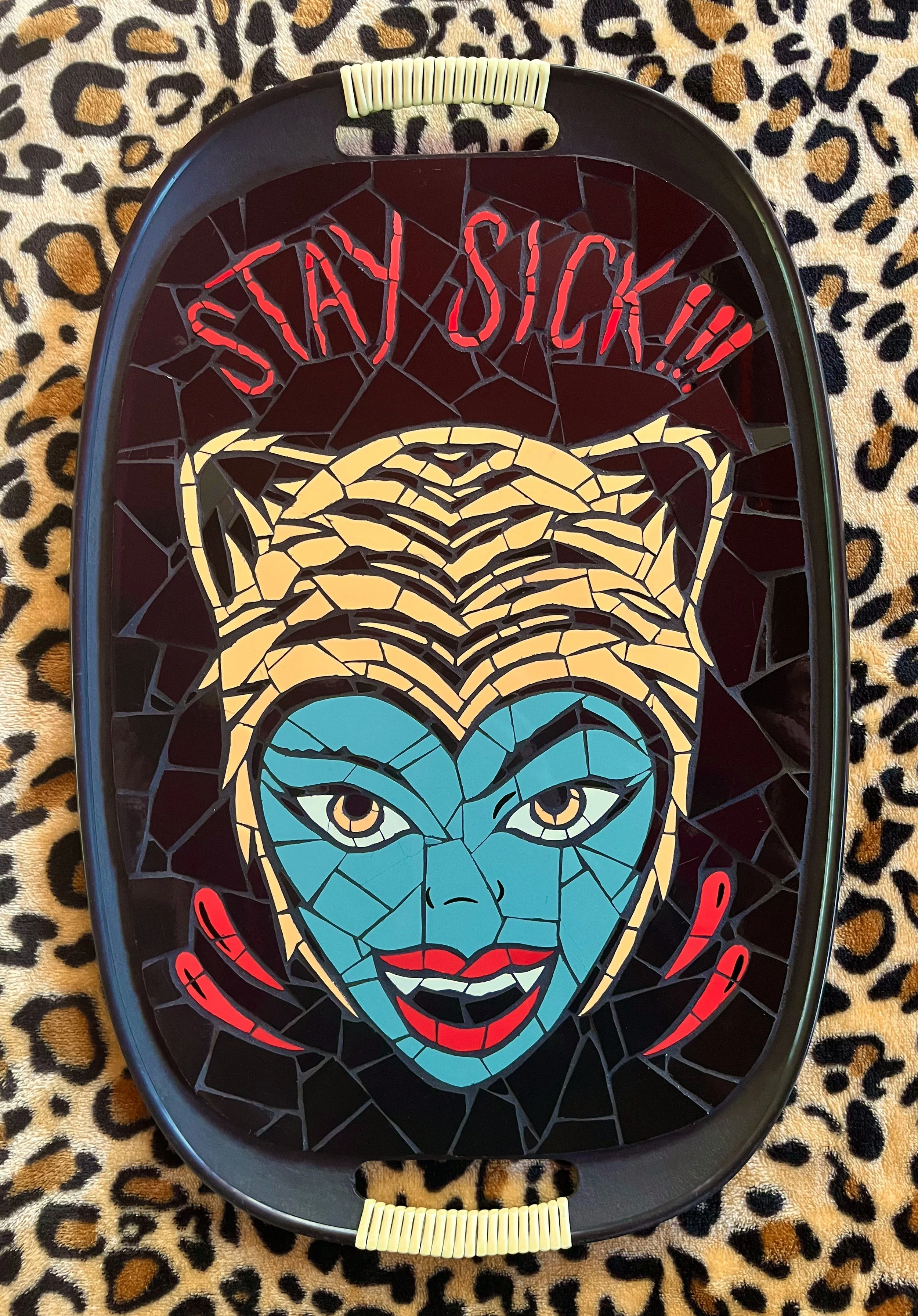 Carmela Stay Sick. Ceramic tiles on tray. 18"x12". 2025