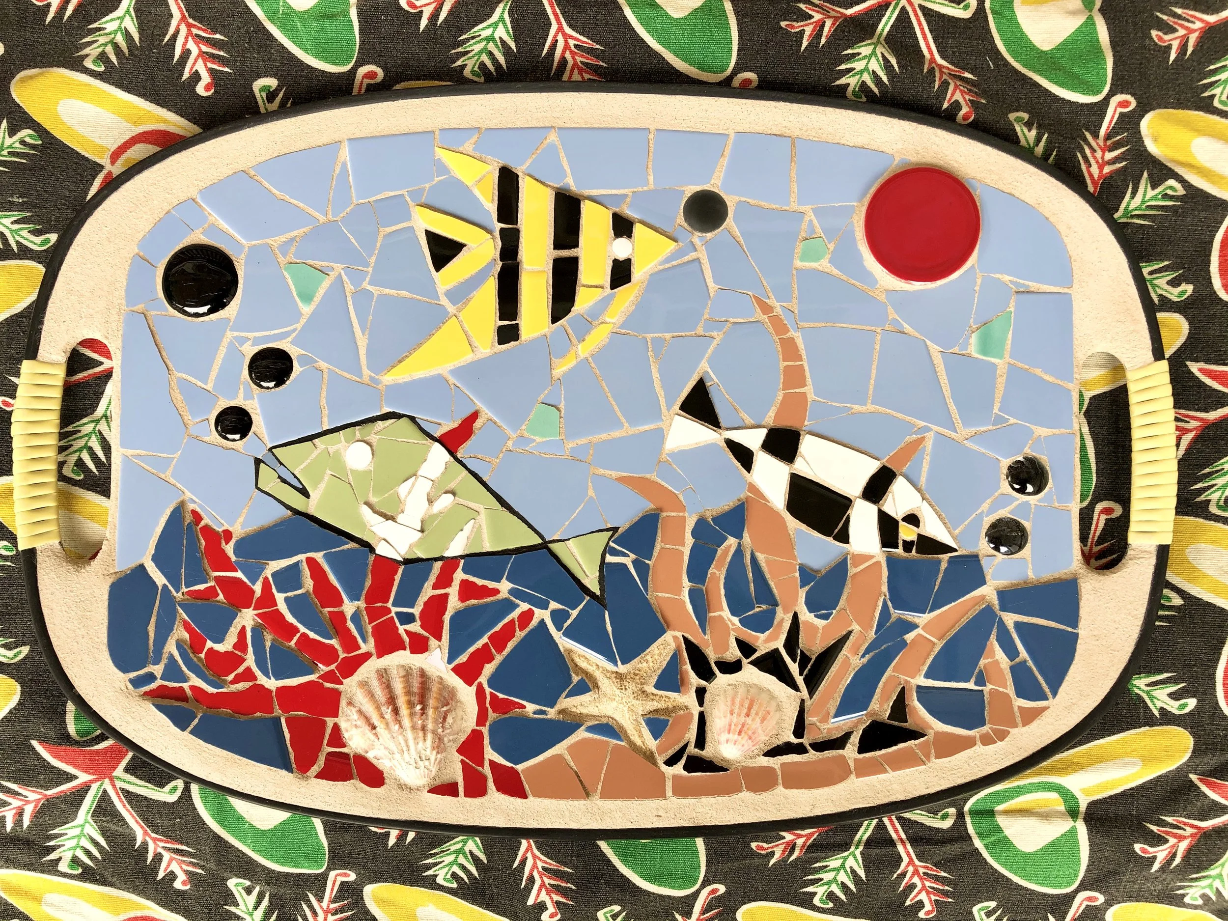 Fishes. Ceramic tiles on Masonite tray. 18"x12". 2020