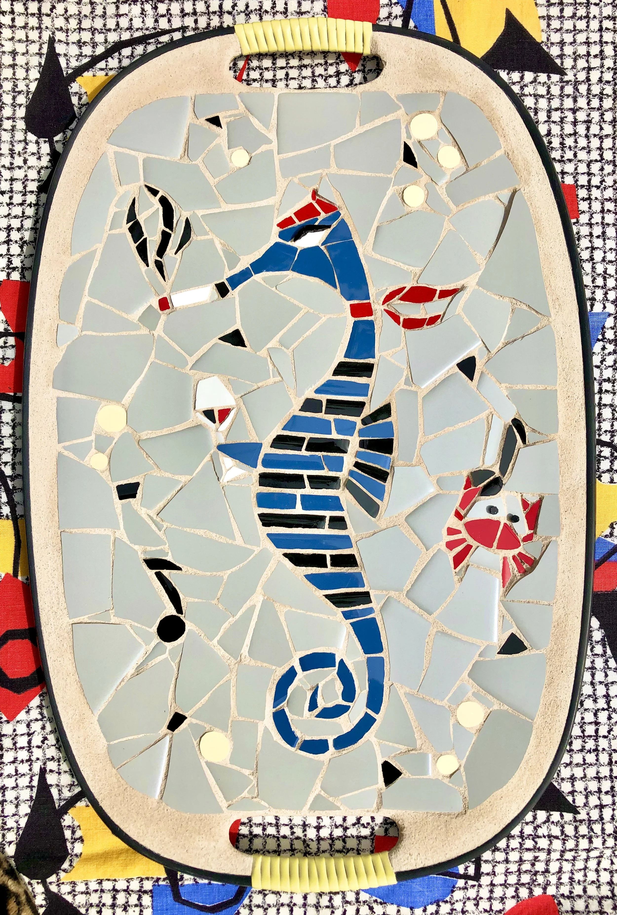 Smoking seahorse. Ceramic tiles on tray. 18"x12". 2020