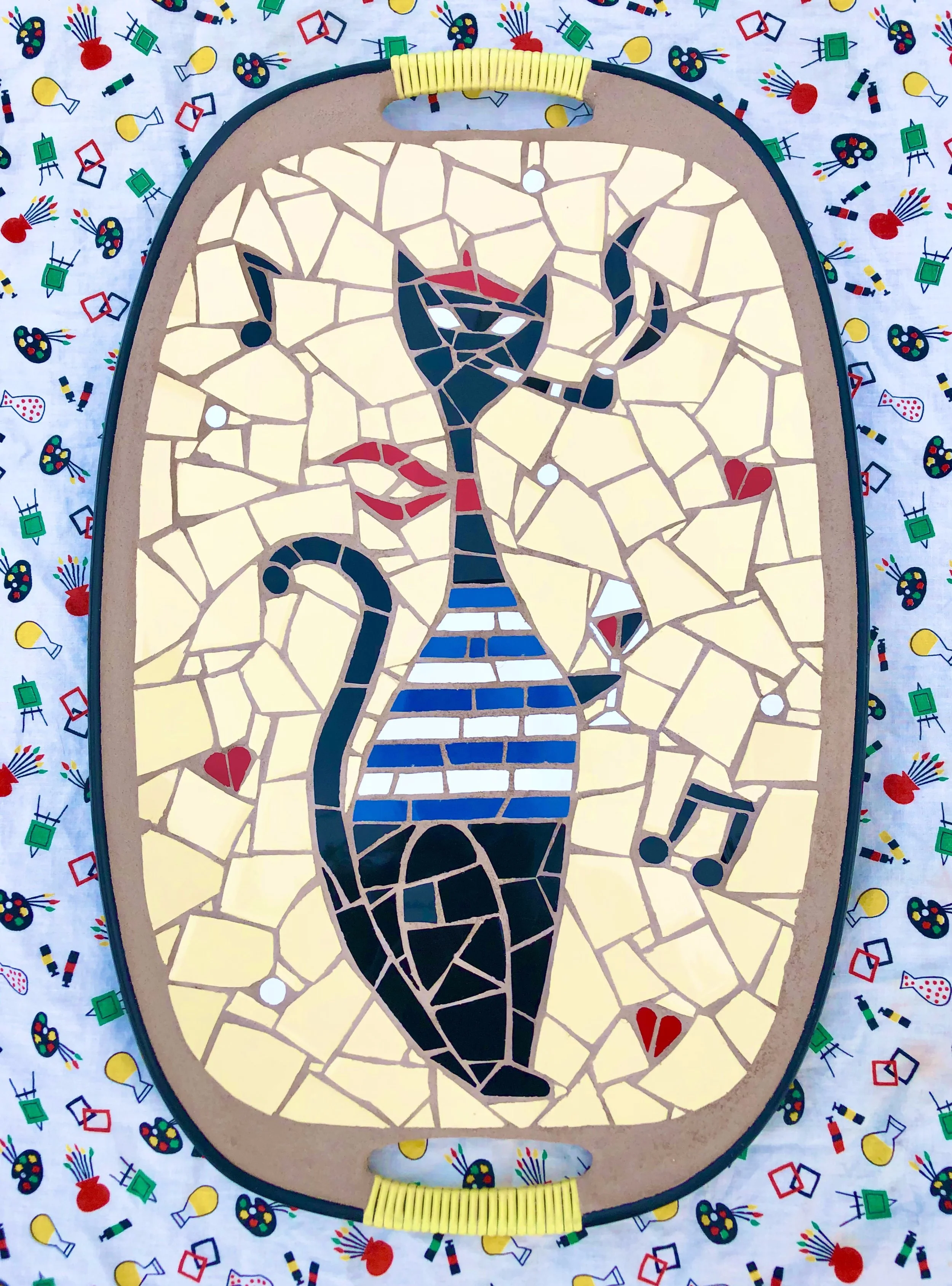 French cat. Ceramic tiles on Masonite tray. 18"x12". 2021