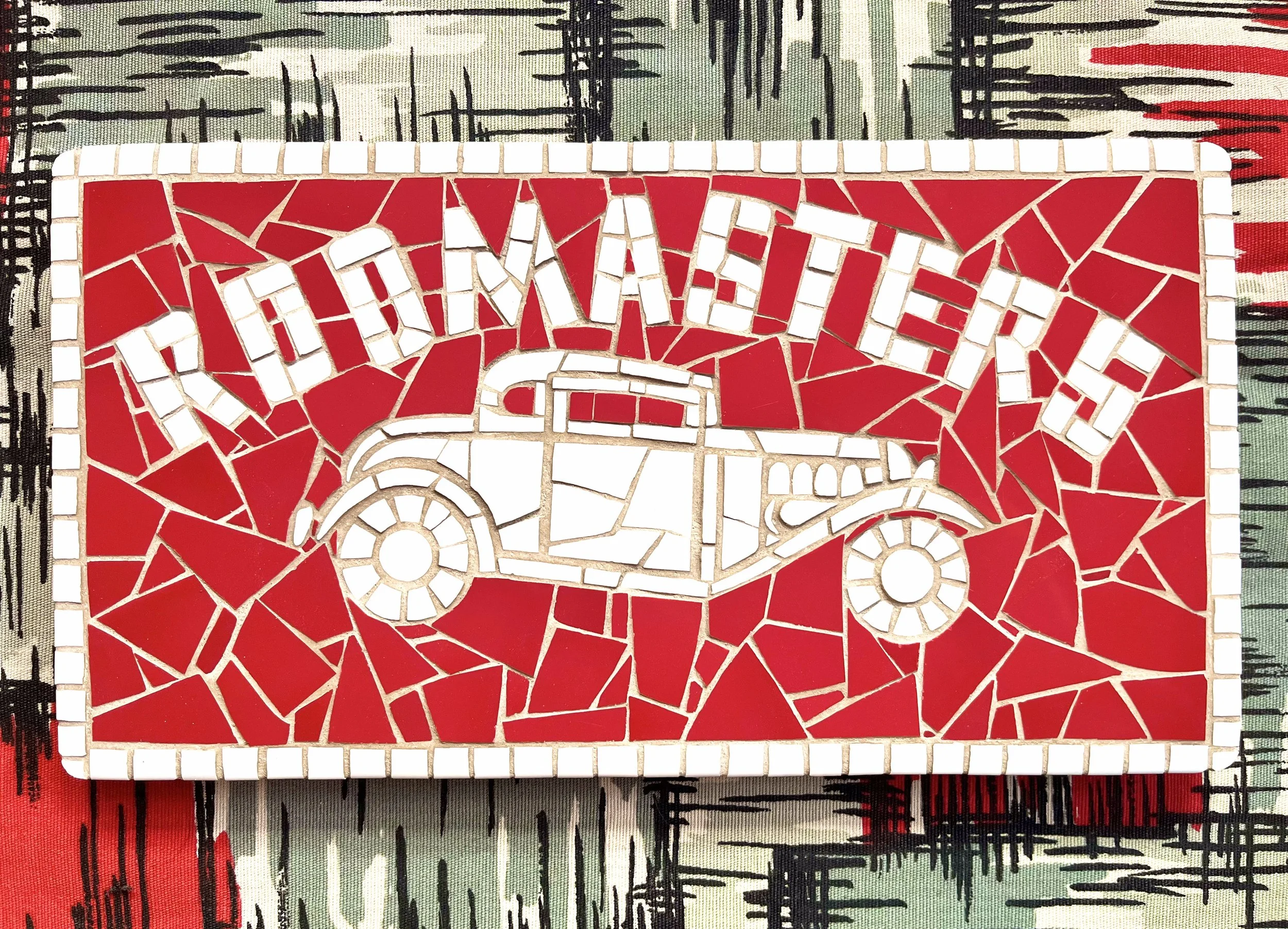 Hot Rod plate commission. Tiles on wood. 12"x6". 2025