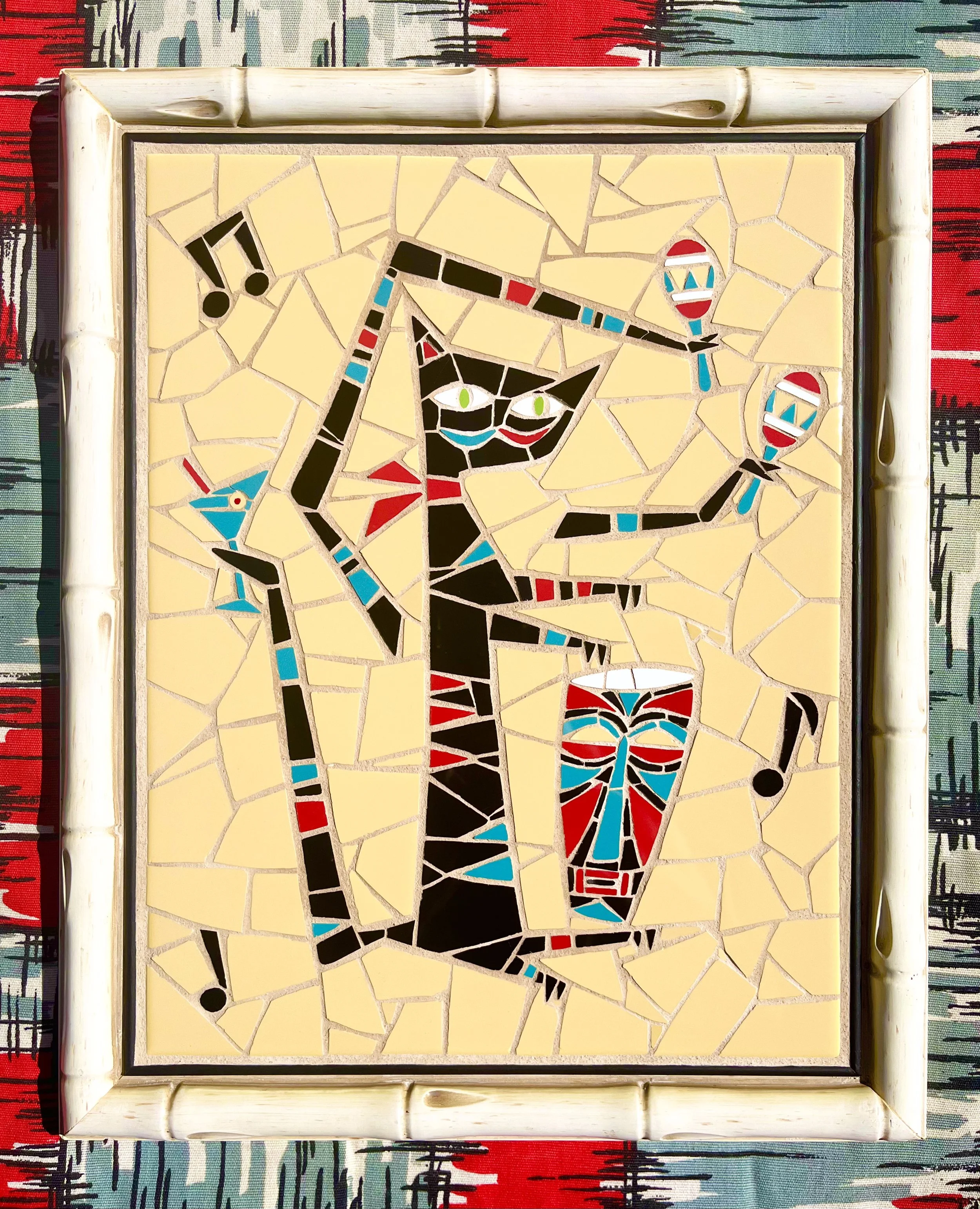 Mambo cat. Ceramic tiles on glass. 16"x13". 2022