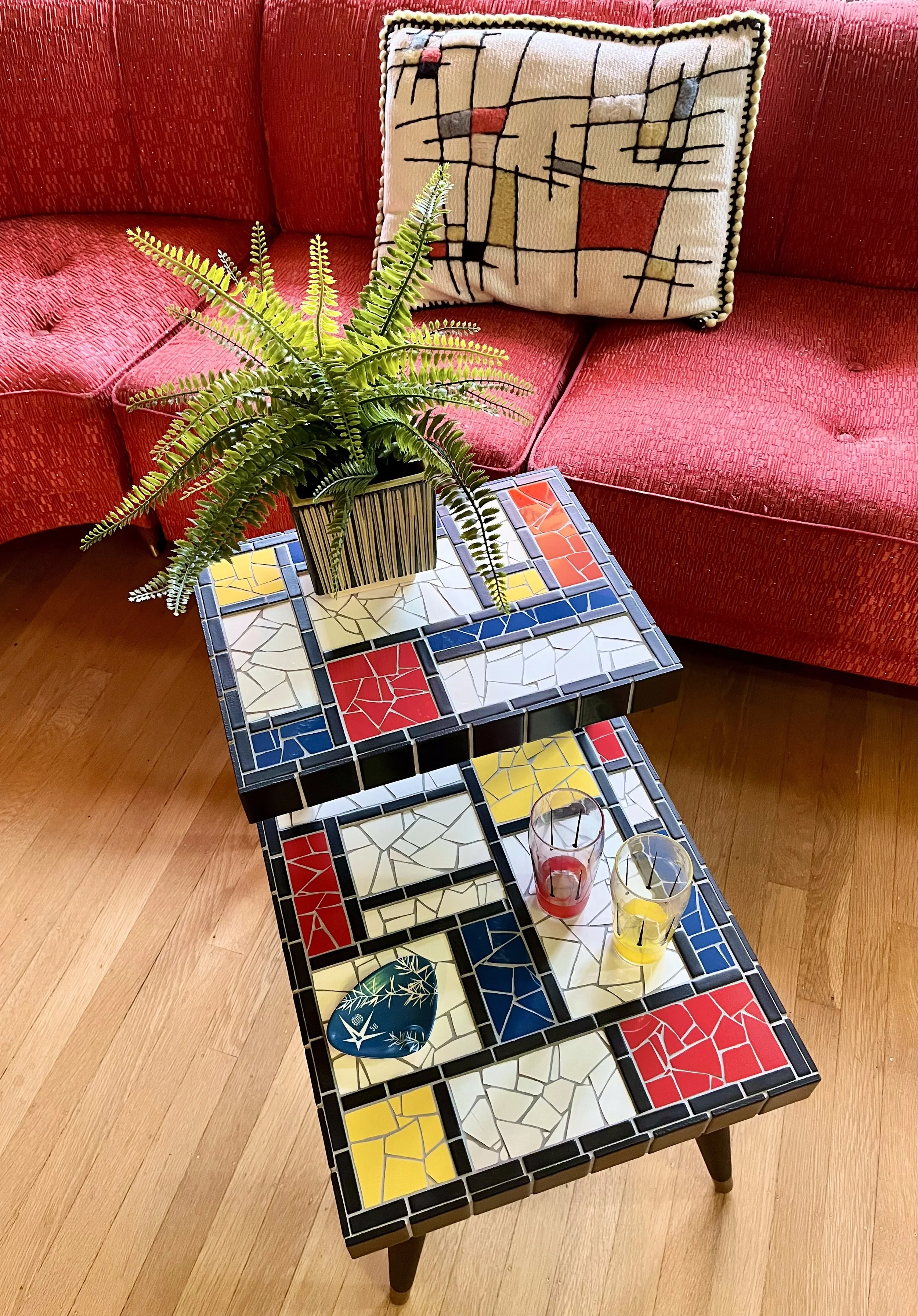 Mondrian 2 tier table. Ceramic tiles on wood