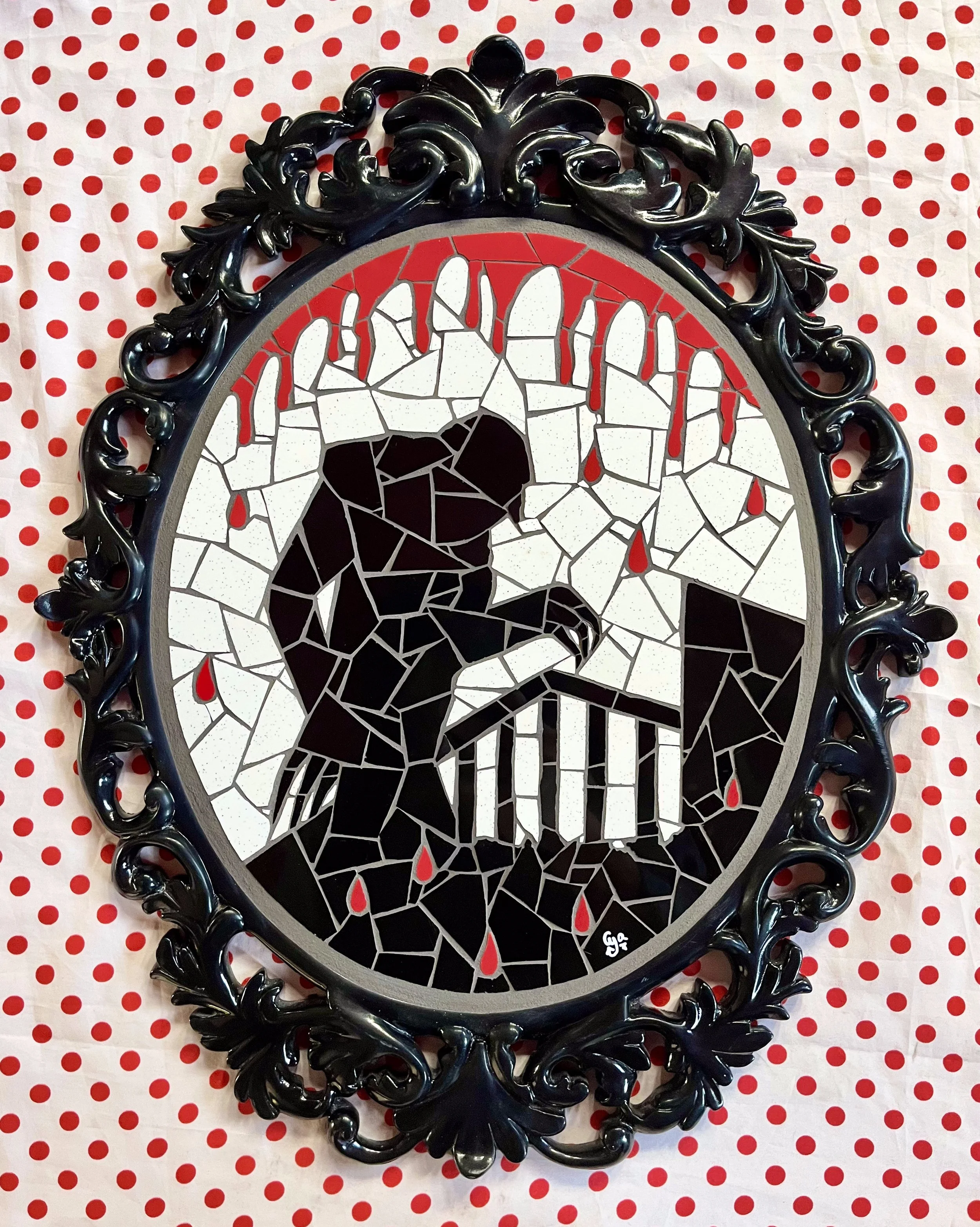 Nosferatu. Ceramic tiles on mirror. 19"x15.5". 2024