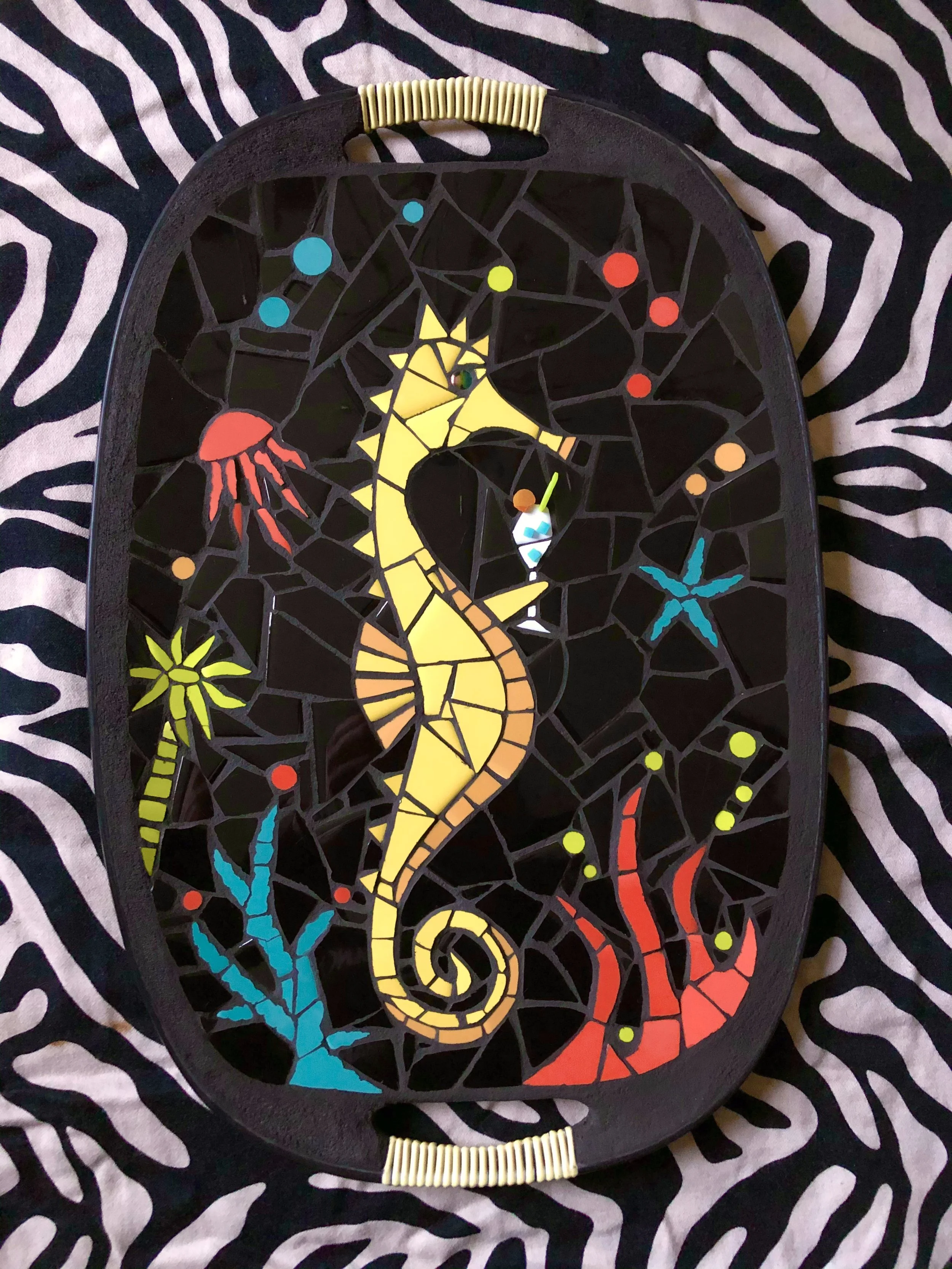 Cocktail seahorse. Ceramic tiles on tray. 18"x12". 2021