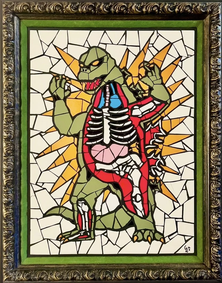 Dentistpdx Godzilla. Ceramic tiles on foam board. 19"x15". 2024