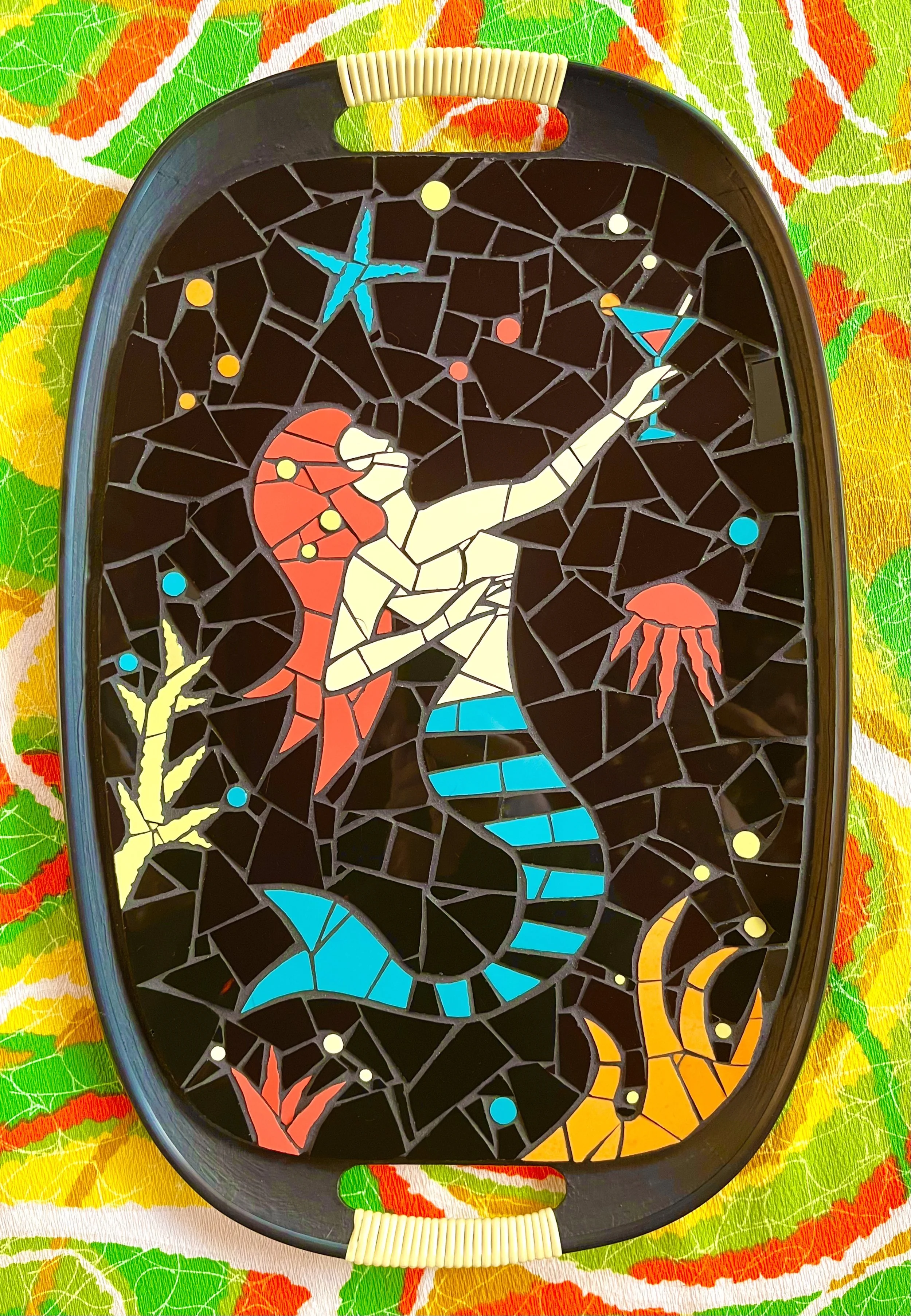 Cocktail mermaid. Ceramic tiles on tray. 18"x12". 2025