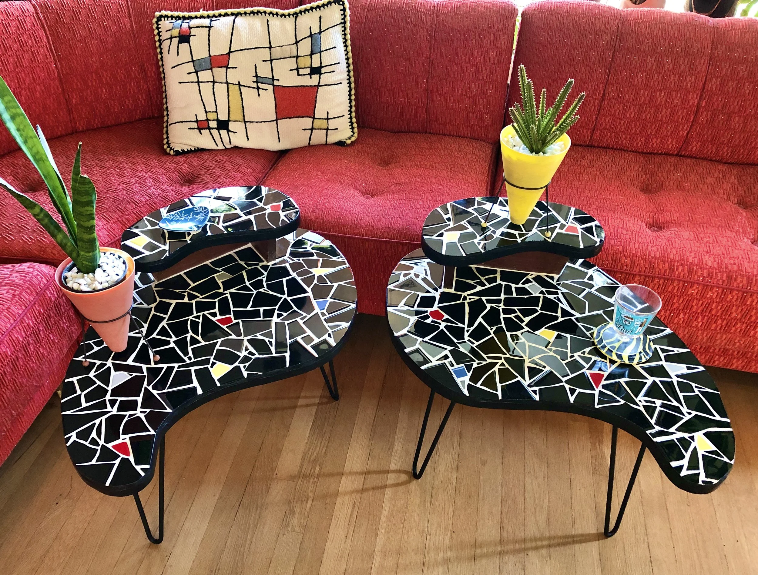 Amoeba accent tables. Ceramic tiles on wood