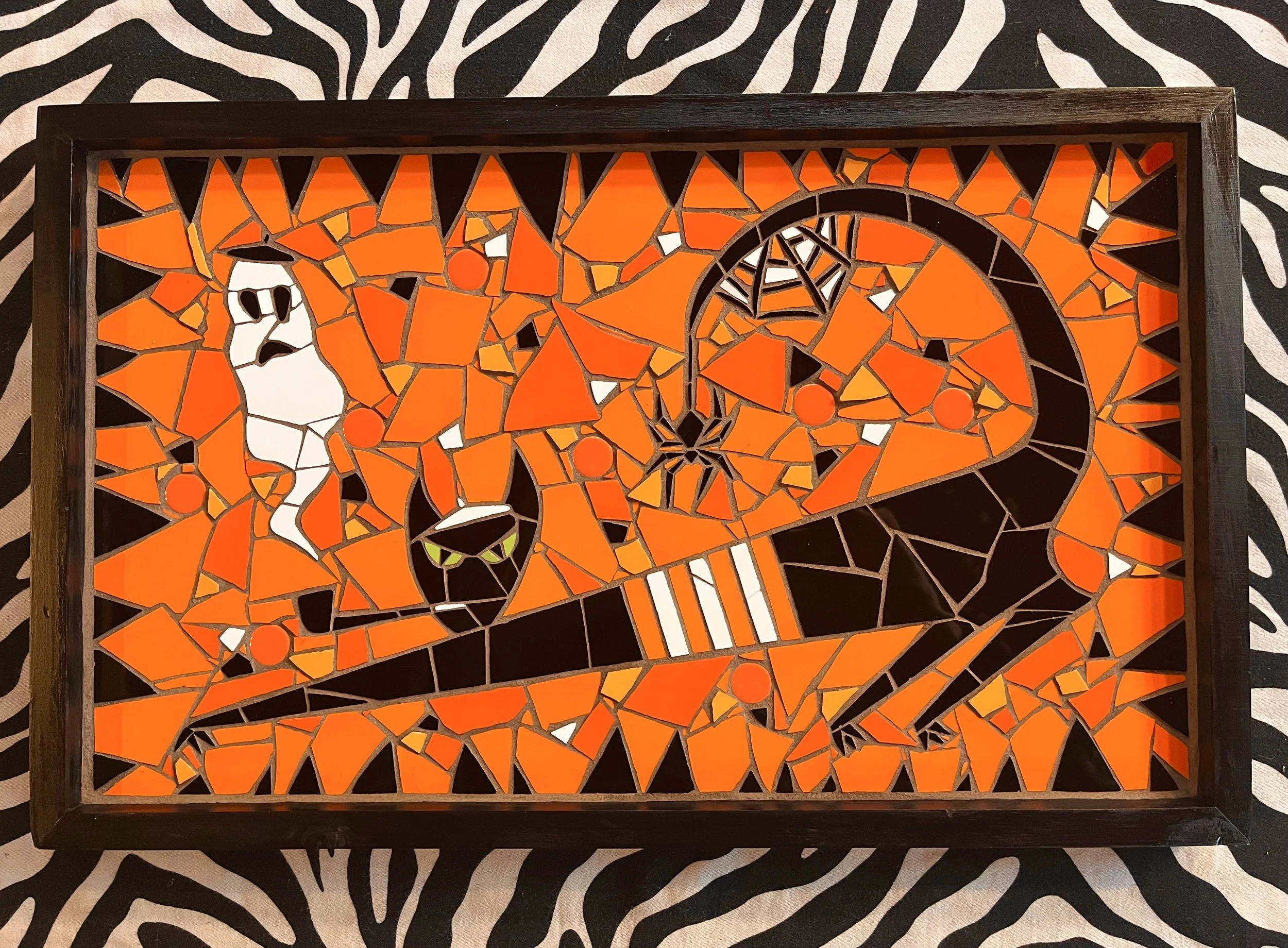 Halloween black cat. Ceramic tiles on wood. 19.75"x12.25". 2023