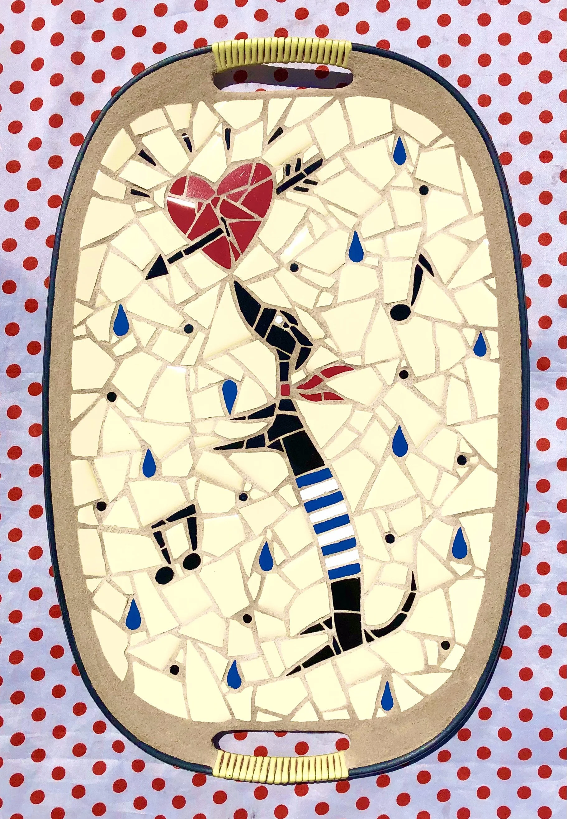 French Dachshund for Cat. Ceramic tiles on tray. 18"x12". 2021