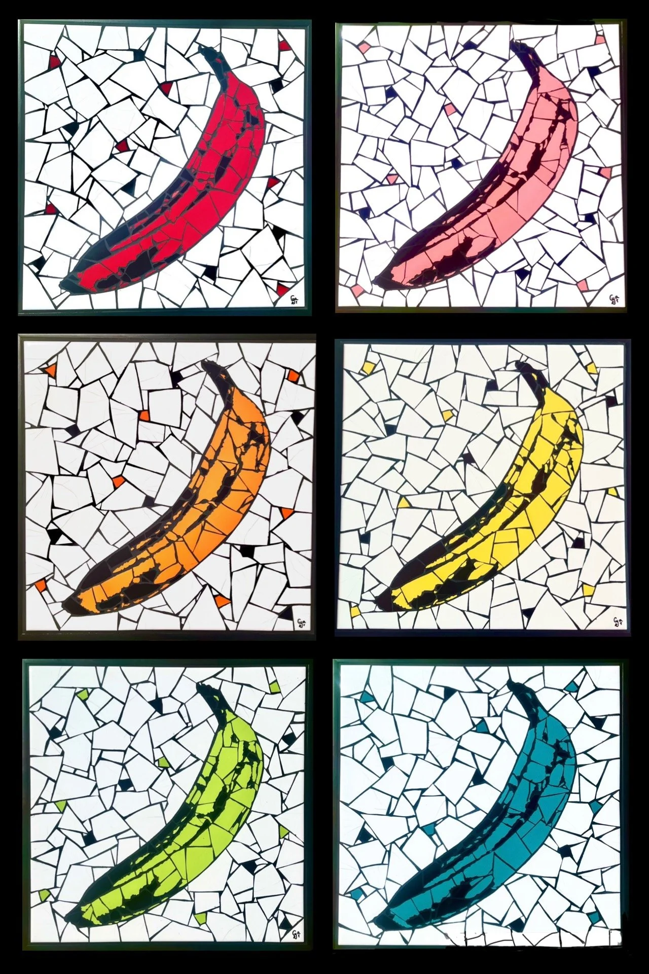 Andy Warhol bananas. Ceramic tiles on glass. 13"x13" each. 2025