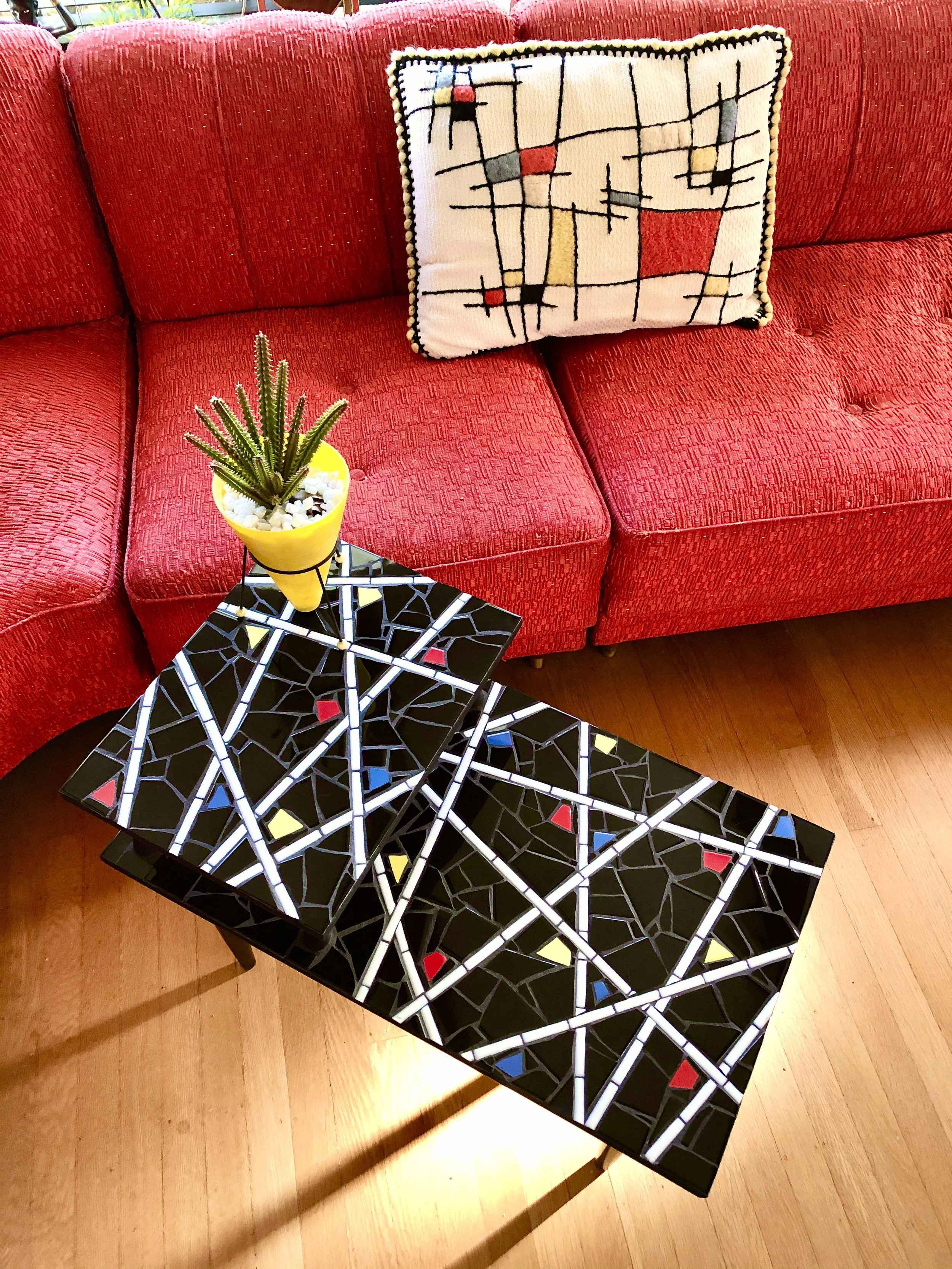 Modern 2 tier table. Ceramic tiles on wood