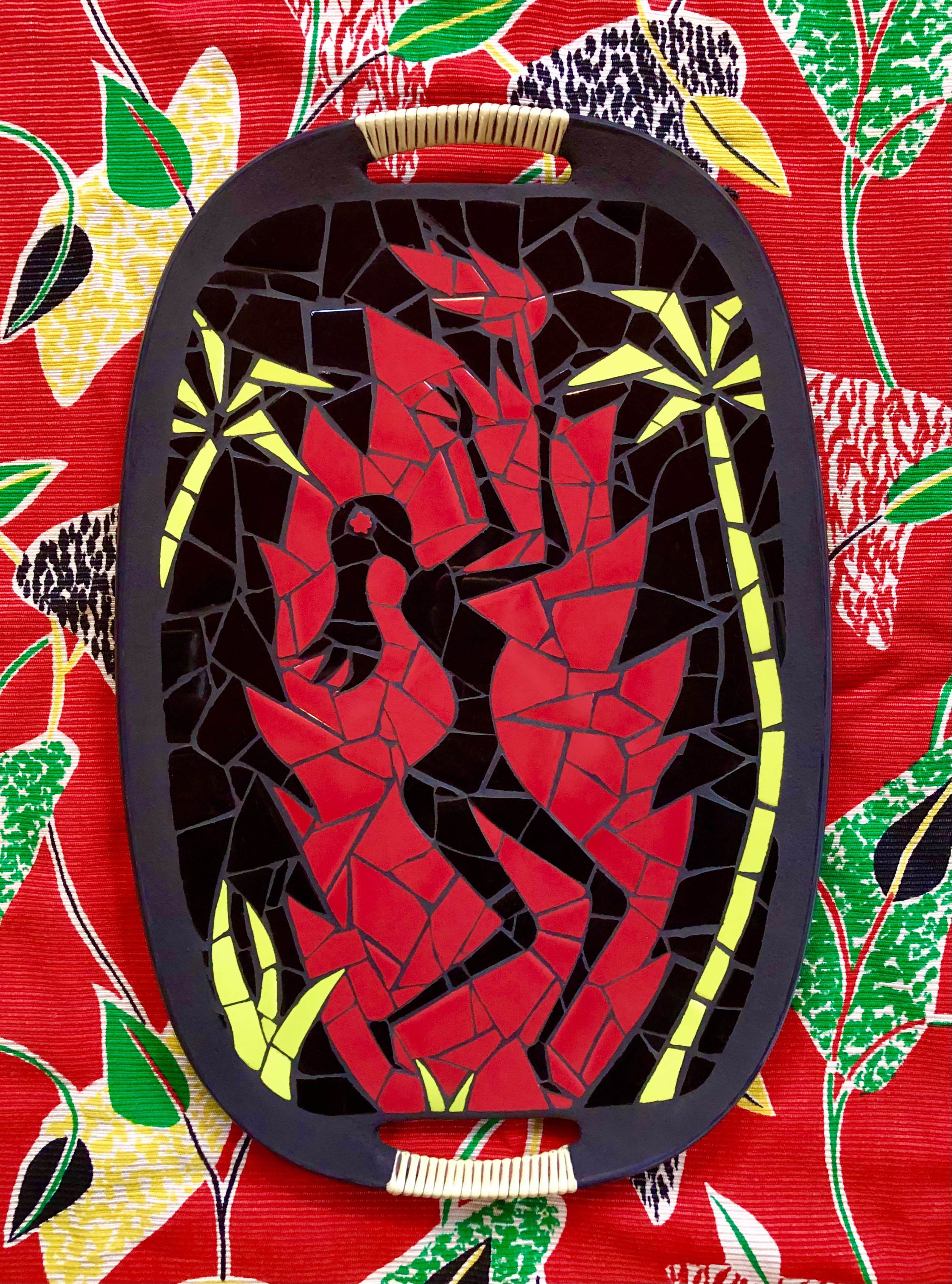 Flame girl. Ceramic tiles on Masonite tray. 18"x12". 2020