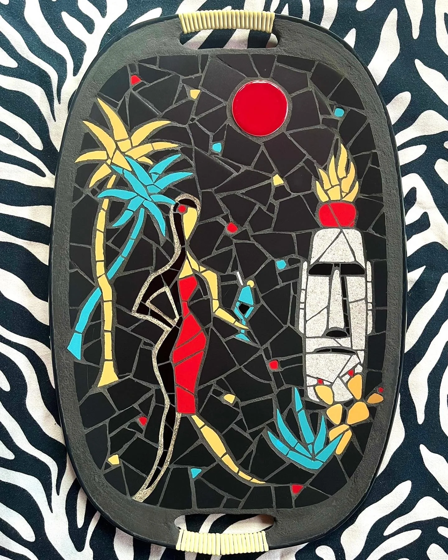 Vahine & Moai. Ceramic tiles on Masonite tray. 18"x12". 2022