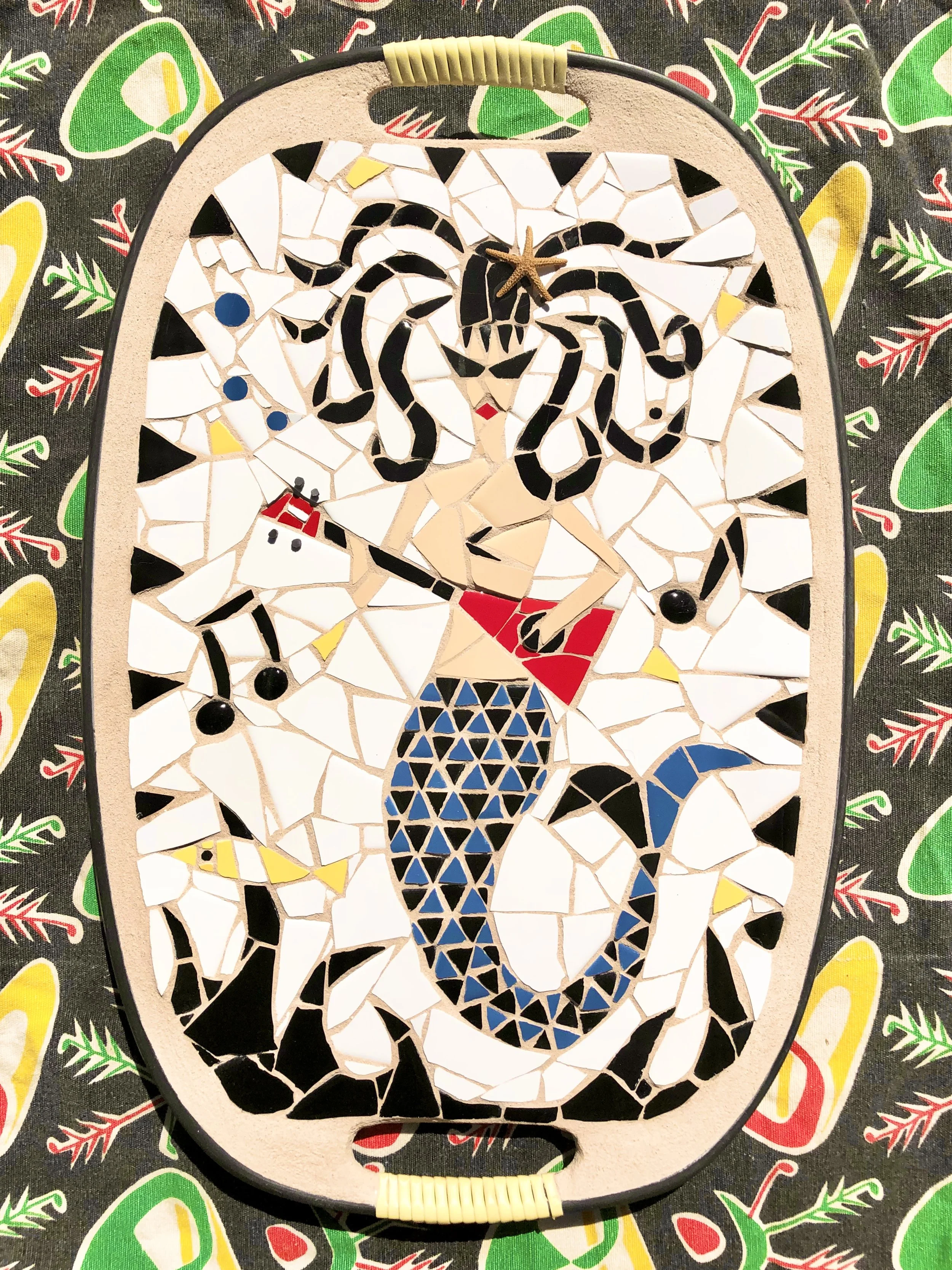 Ukulele mermaid. Ceramic tiles on tray. 18"x12". 2020