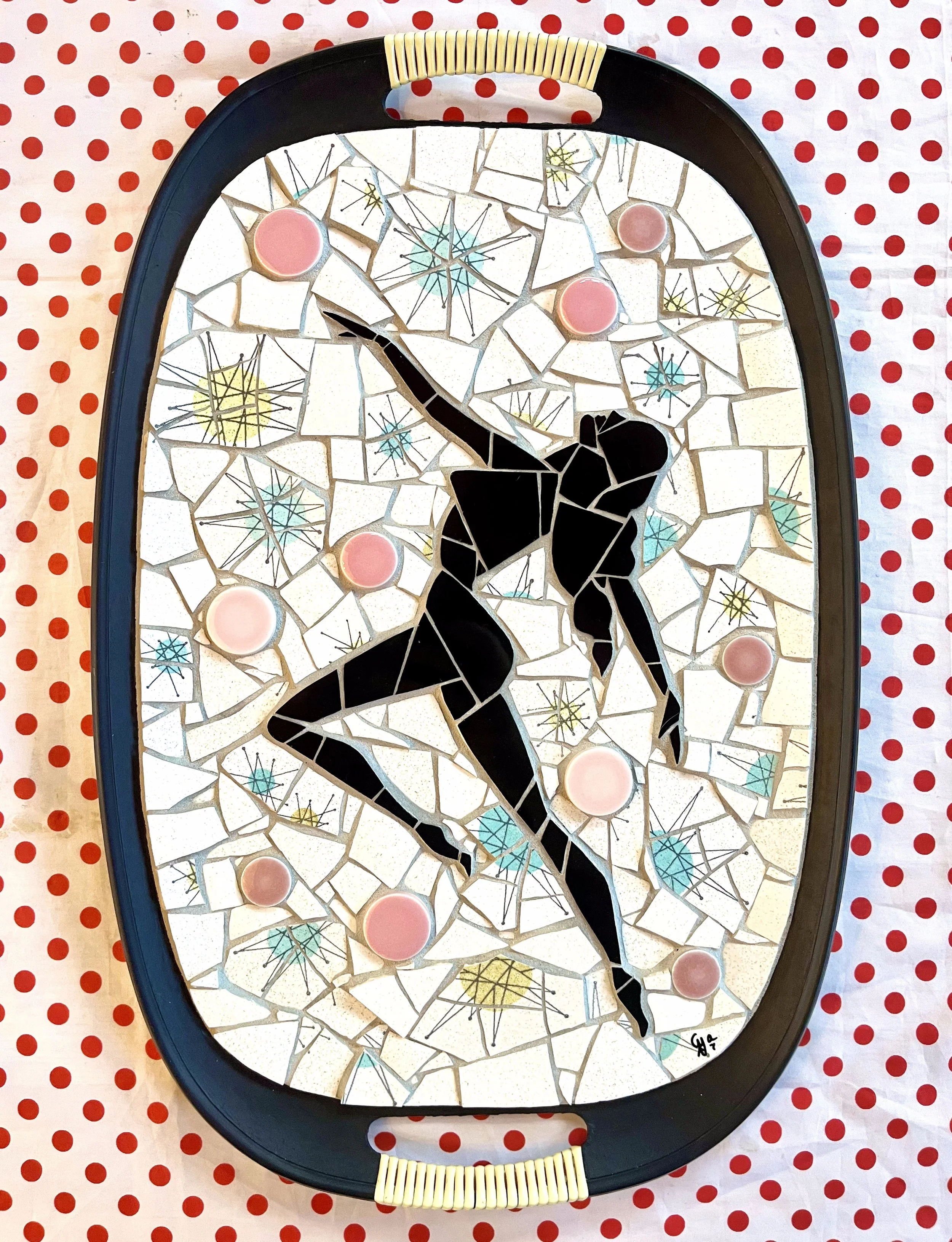 Starburst nude. Ceramic tiles and plates on tray. 18"x12". 2025