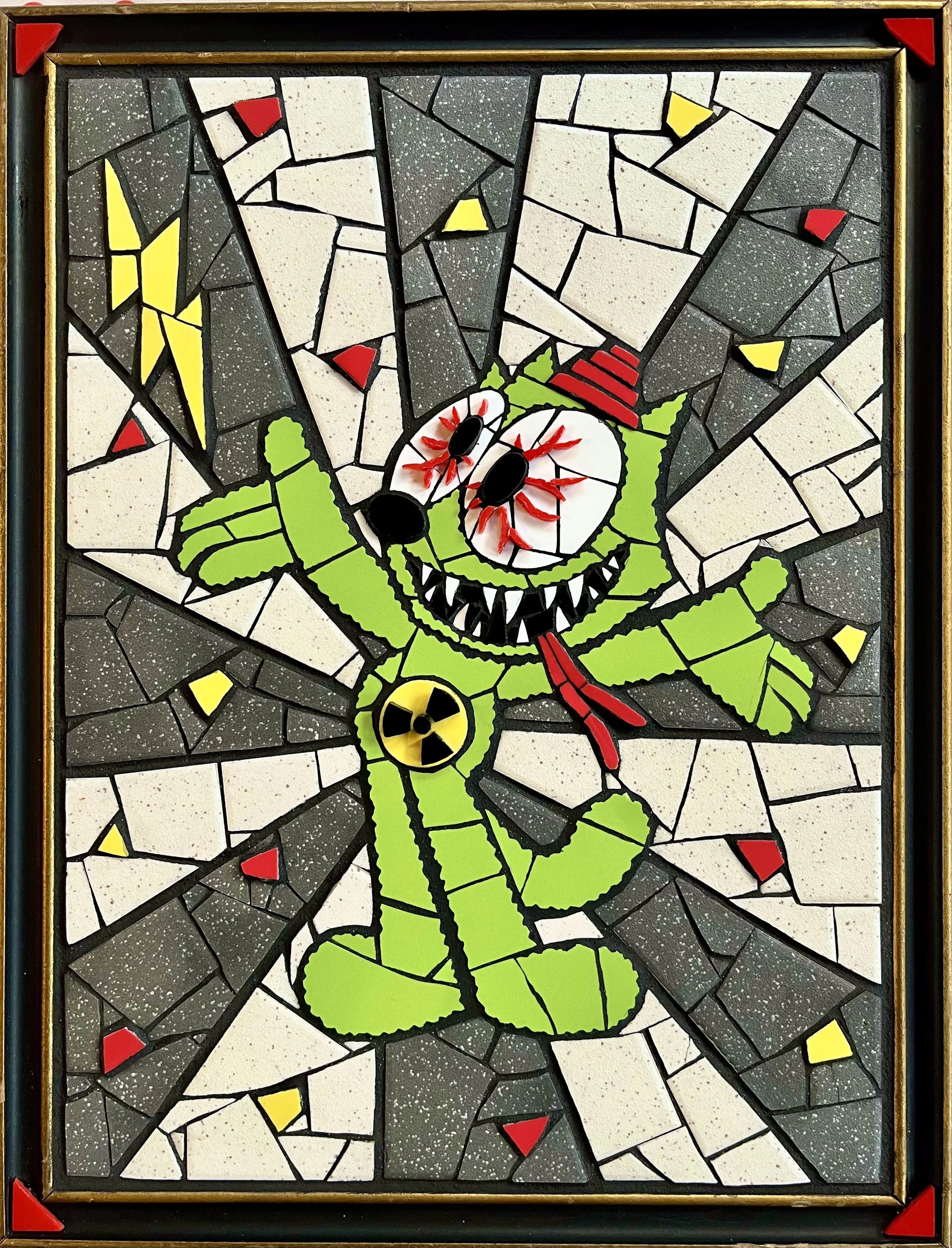 Felix. Ceramic, porcelain tiles and glass on foam board. 12.75"x9.75". 2025