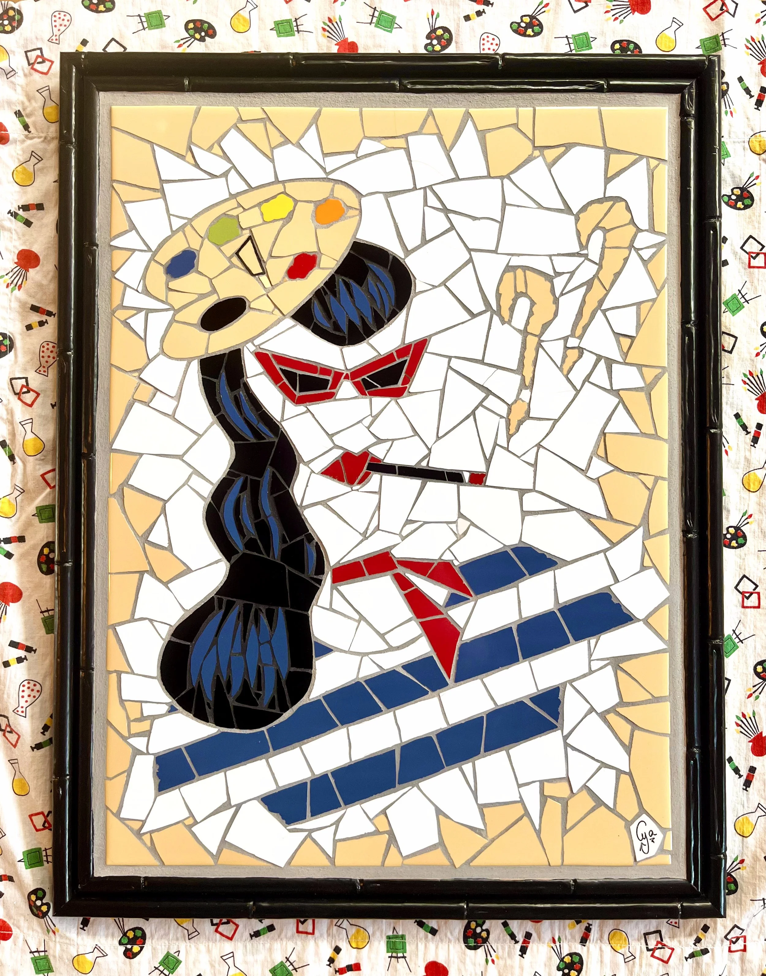 Self portrait. Ceramic tiles on glass. 17.5"x13.5". 2024