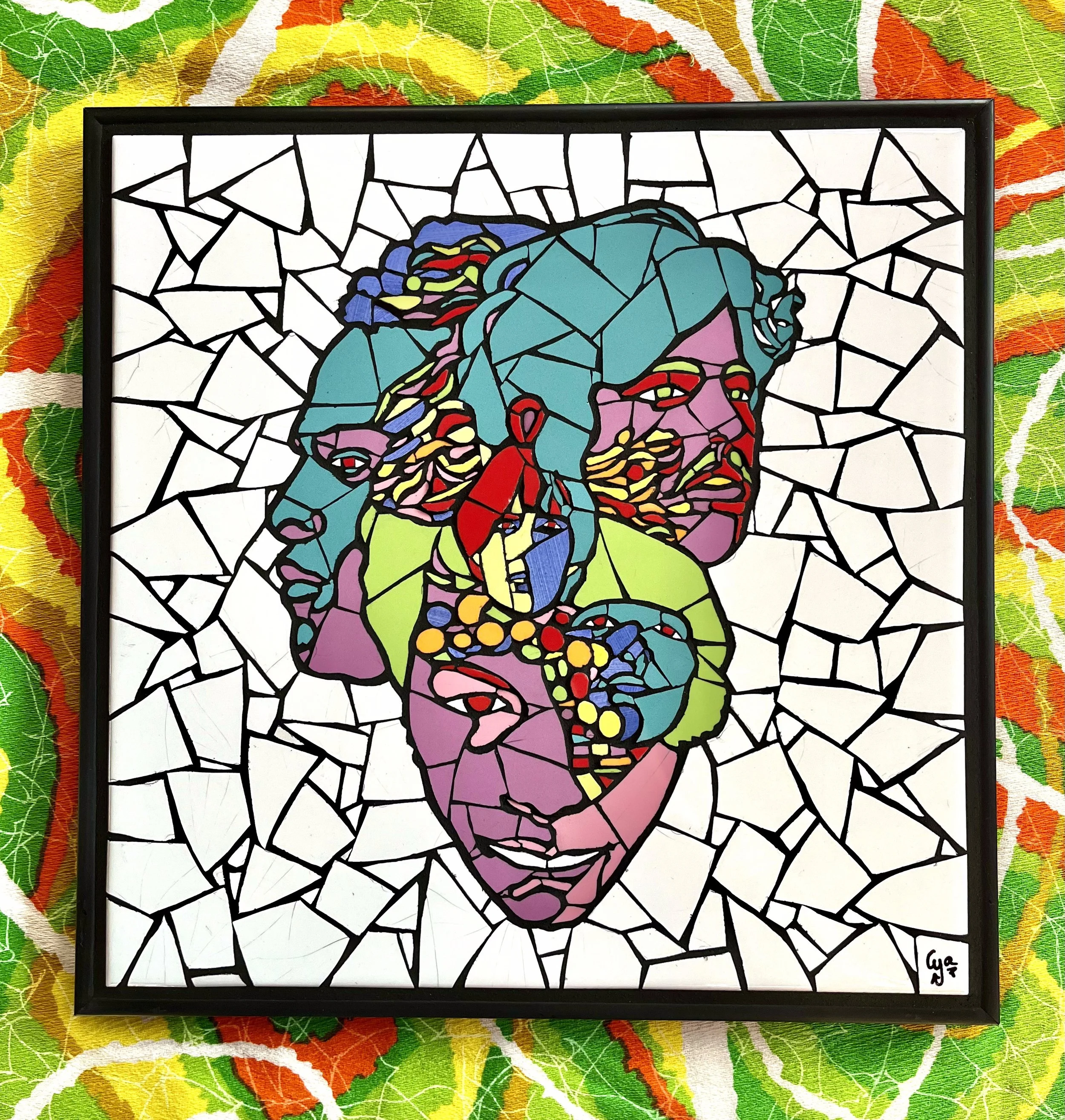 Love commission. Ceramic tiles on glass. 13"x13". 2024