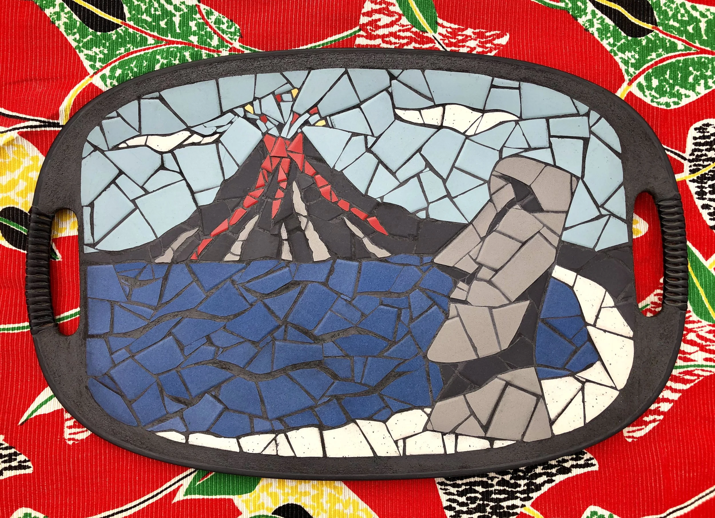 Volcano & Moai commission. Porcelain tiles on. 18"x12". 2020