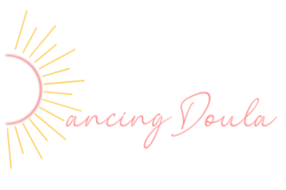 Sun with radiating rays and the text 'Dancing Doula' in pink cursive font.
