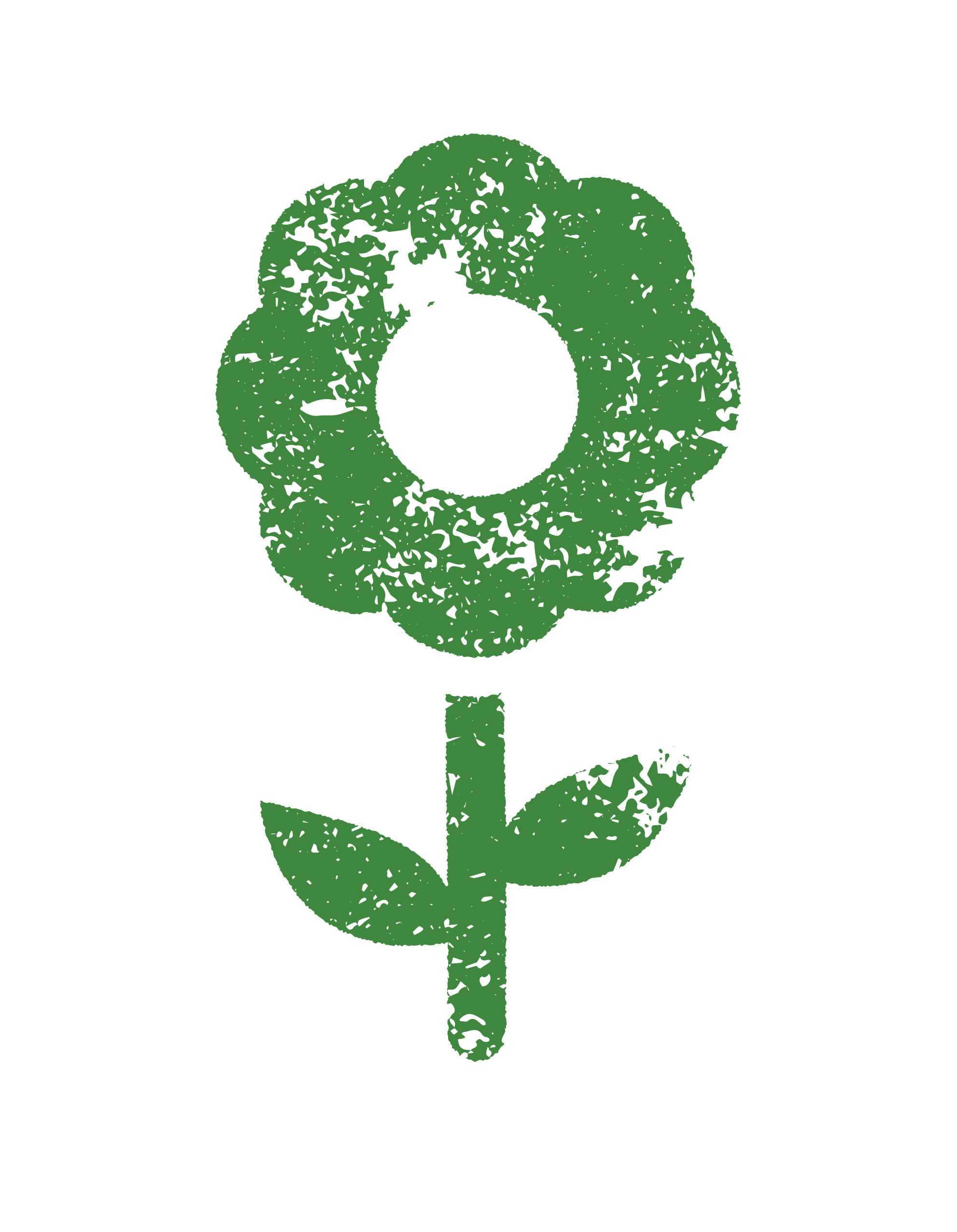 A green, textured, stylized flower with five petals and a stem against a black background.