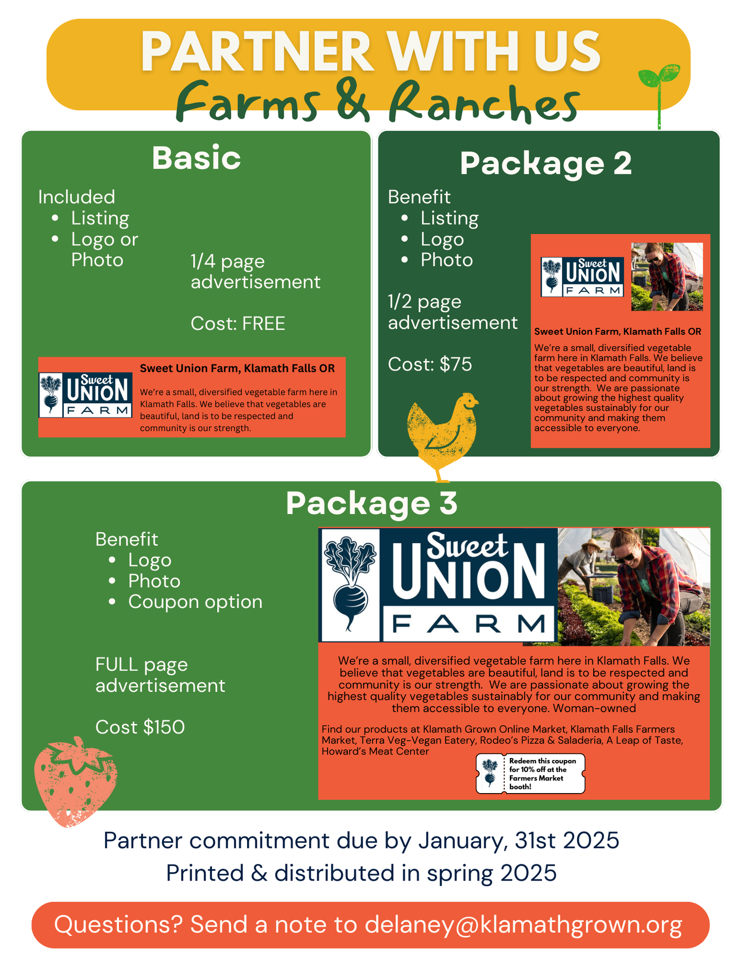 An informational flyer titled "Partner with us Farms & Ranches" detailing three advertising partnership packages with logos, photos, and descriptions for Sweet Union Farm in Klamath Falls, OR. Package 1 is free, Package 2 costs $75, and Package 3 cos