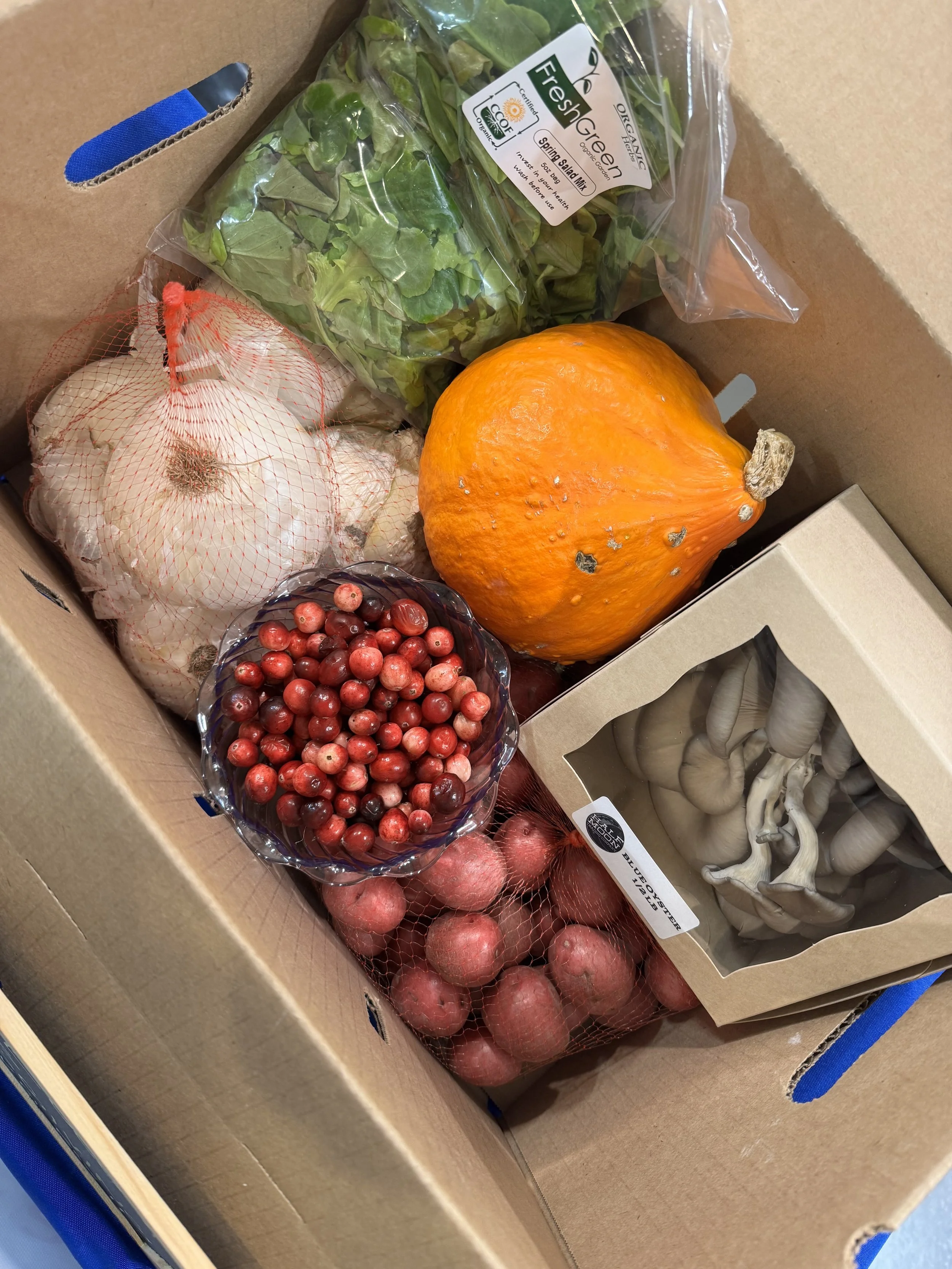 A cardboard box containing fresh vegetables and a small pumpkin. Inside the box are garlic bulbs in a mesh bag, a bunch of red and pink radishes in mesh, a bag of leafy greens labeled 'Fresh Green,' a box of white mushrooms, and a small orange pumpkin.