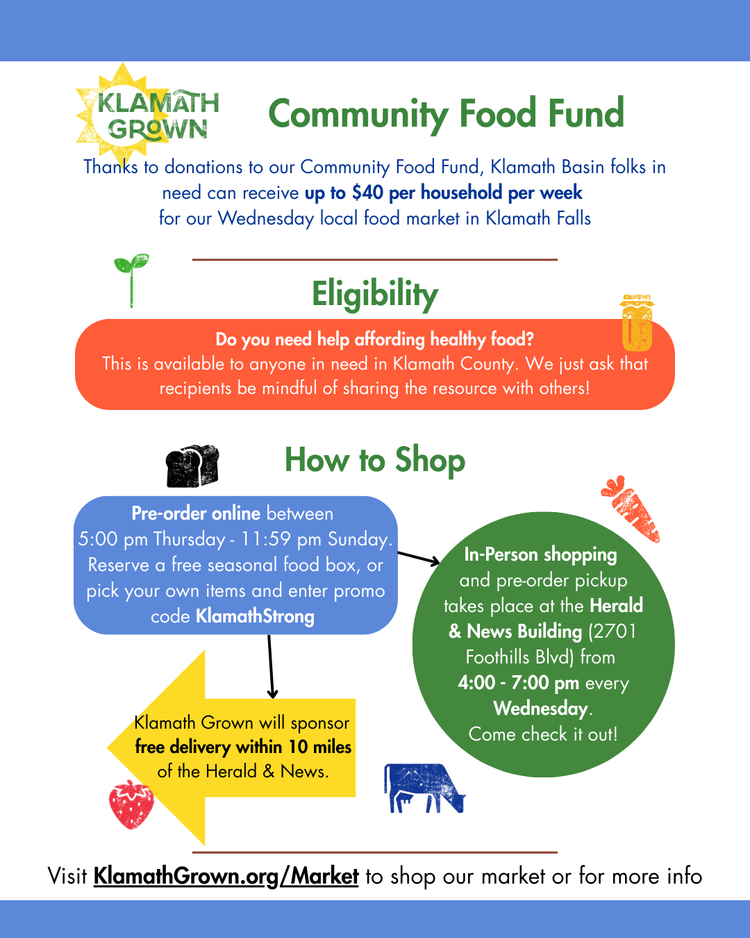 Flyer for Klamath Grown Community Food Fund providing information about eligibility, shopping options, and delivery, featuring colorful vegetables and icons.