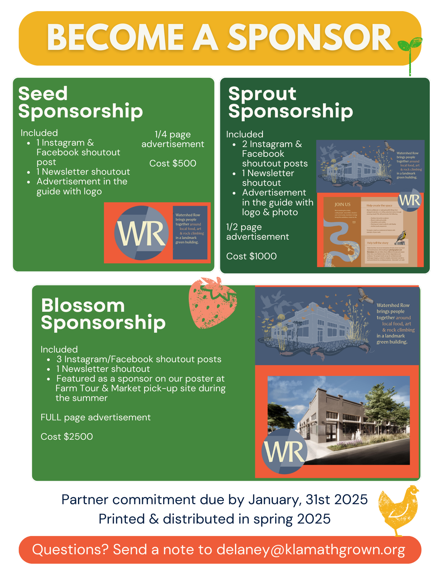 A colorful flyer promoting sponsorship opportunities for Watershed Row, offering seed, sprout, and blossom sponsorship levels with descriptions and prices. Contains images of a building, a strawberry, and a chicken, with contact information at the bo