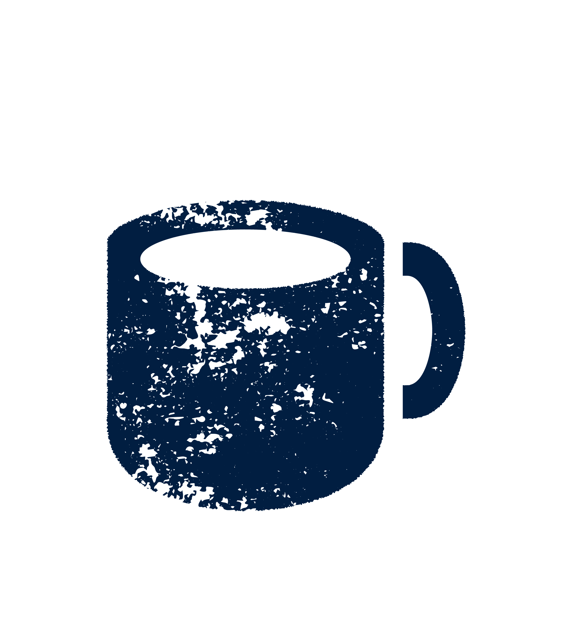 A stylized, textured illustration of a blue coffee mug viewed from above, set against a black background.