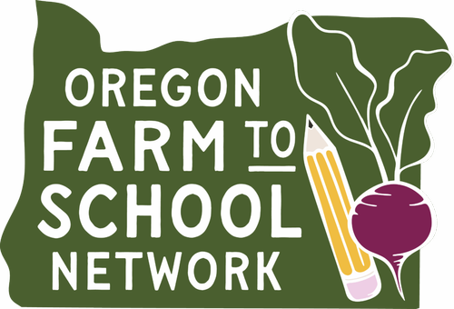 Illustration of a leafy green background with the text 'Oregon Farm to School Network' and images of a pencil, purple turnip, and leafy greens.