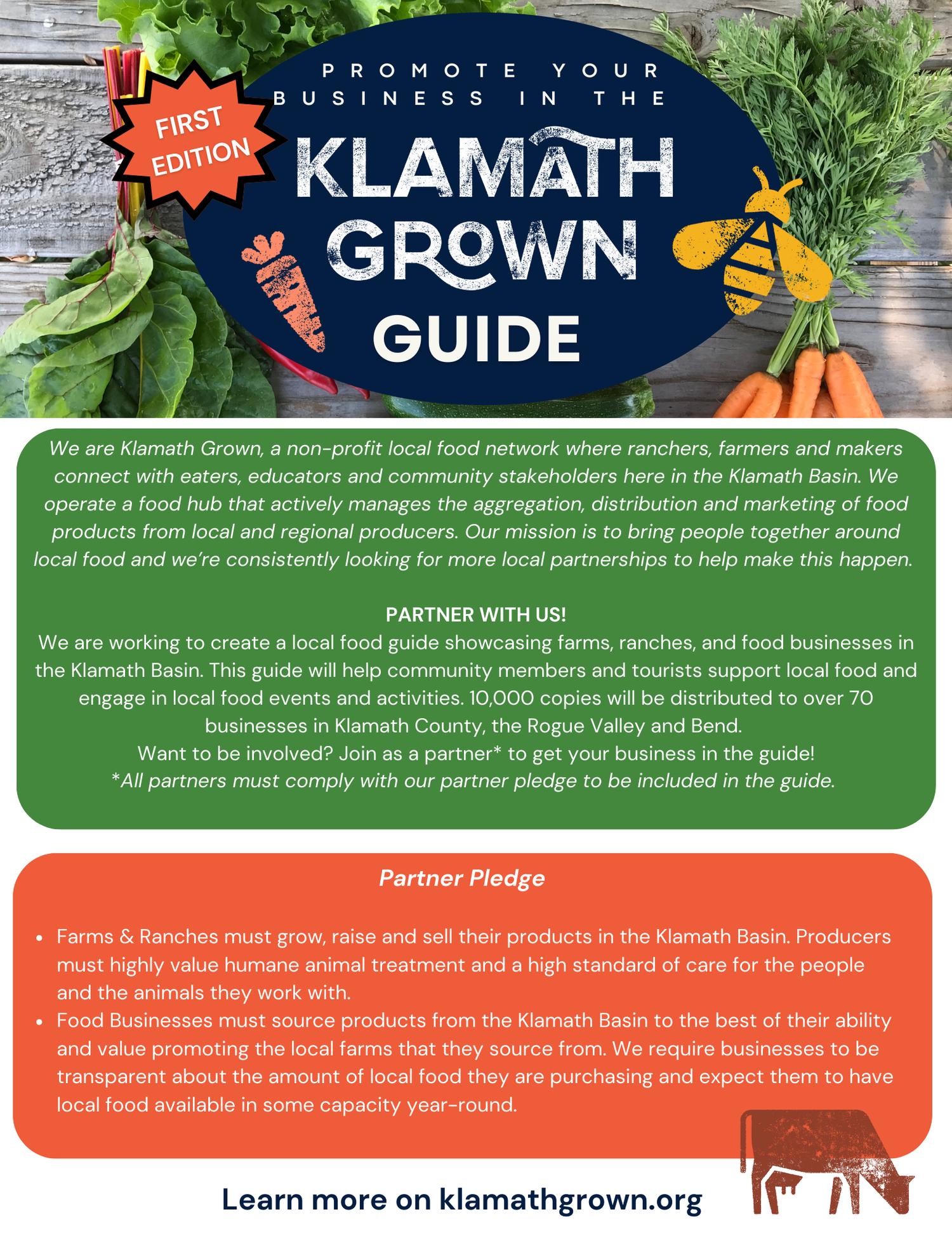Farmers market flyer titled 'Klamath Grown Guide' with vegetable images and logo, promoting local food network, partner opportunities, and community engagement in Klamath Basin, Oregon.