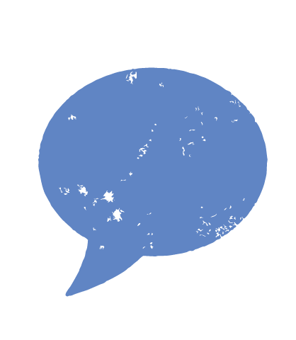 Blue speech bubble with black ink splatters and distress marks.