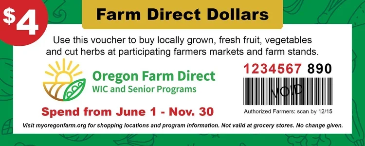 Farm direct dollar voucher for Oregon Farm Direct, valid from June 1 to November 30, with a barcode, barcode number 1234567890, and instructions for use.