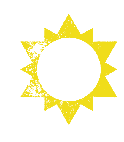 Yellow sun with a black center and a slightly distressed design on a black background.