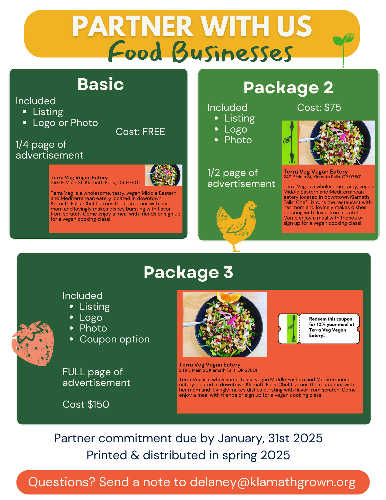 A graphic showing various food business partnership packages, including Basic, Package 2, and Package 3. Each package displays details about included services, costs, and sample advertisements with photos of vegan dishes and coupons. The image also f