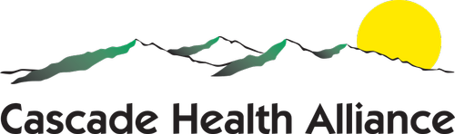 Sun setting behind mountains with the text 'Cascade Health Alliance' beneath.