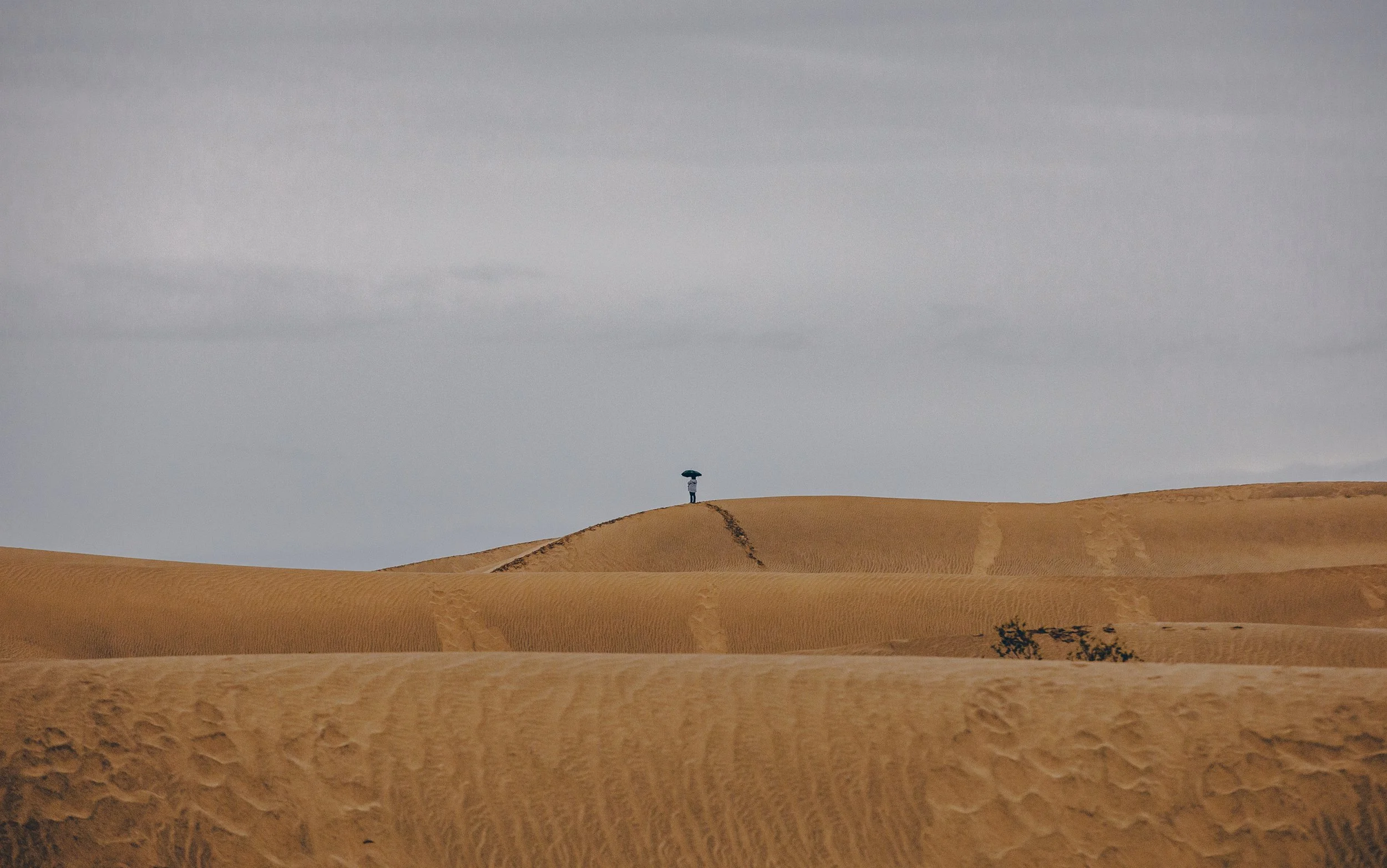 A person standing on a sand dune in a desert, holding an umbrella, with a cloudy sky overhead.