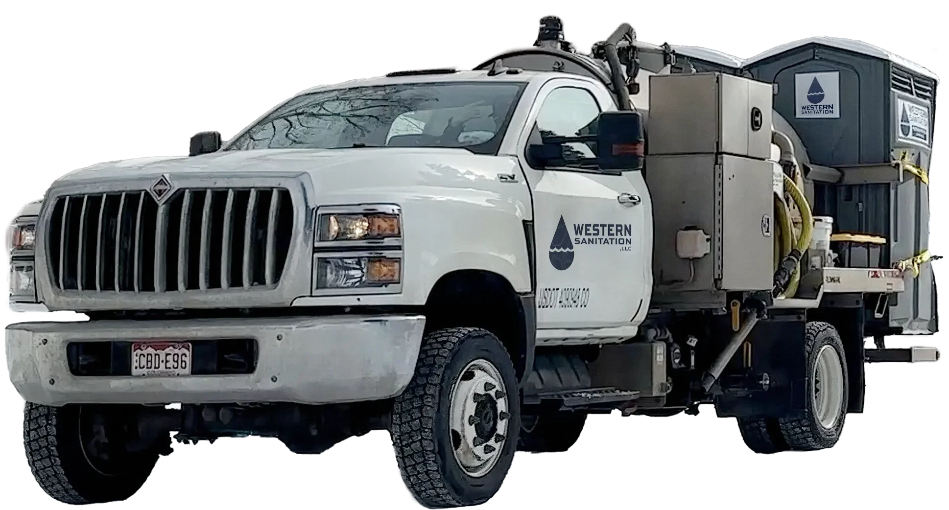 White sanitation truck with Western Sanitation LLC logo, parked, with equipment on the back for waste management.
