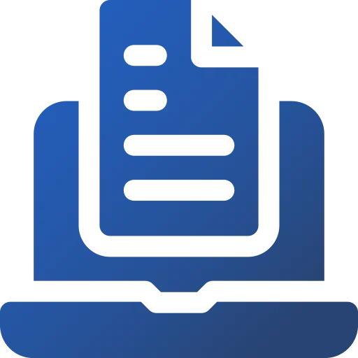 Icon of a document with lines of text, resting on a laptop computer.