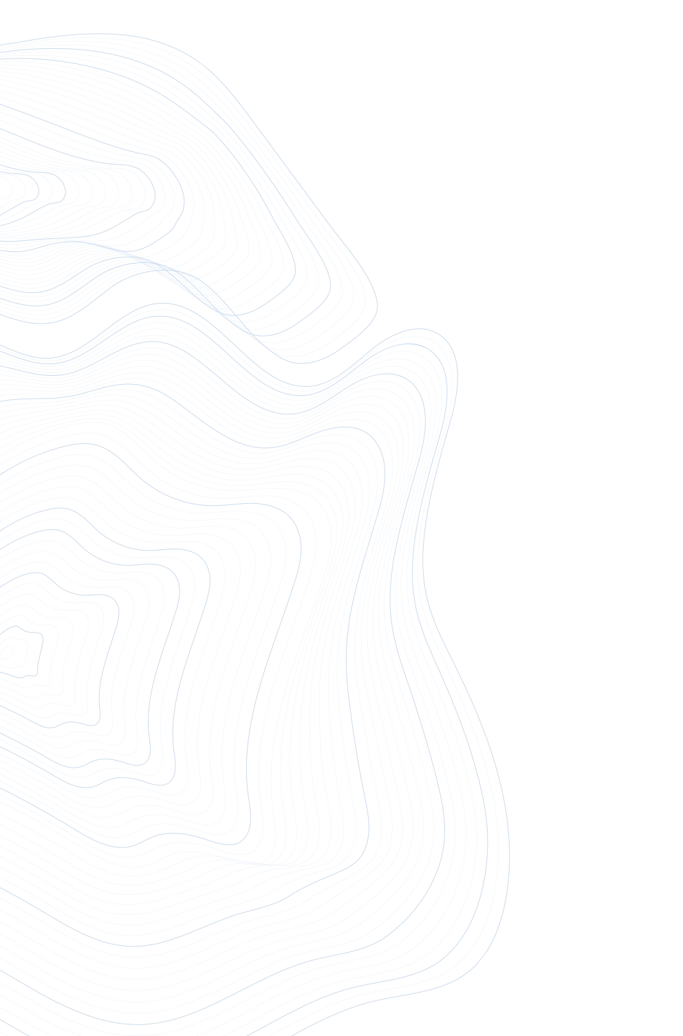 Topographic map with contour lines and landmass outline in blue and white.