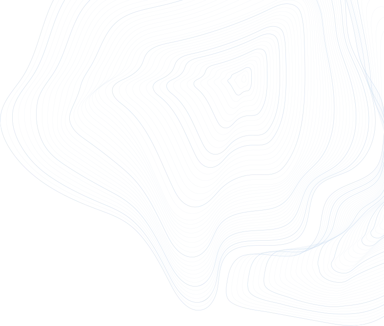 Topographic map with contour lines and landmass outline in blue and white.