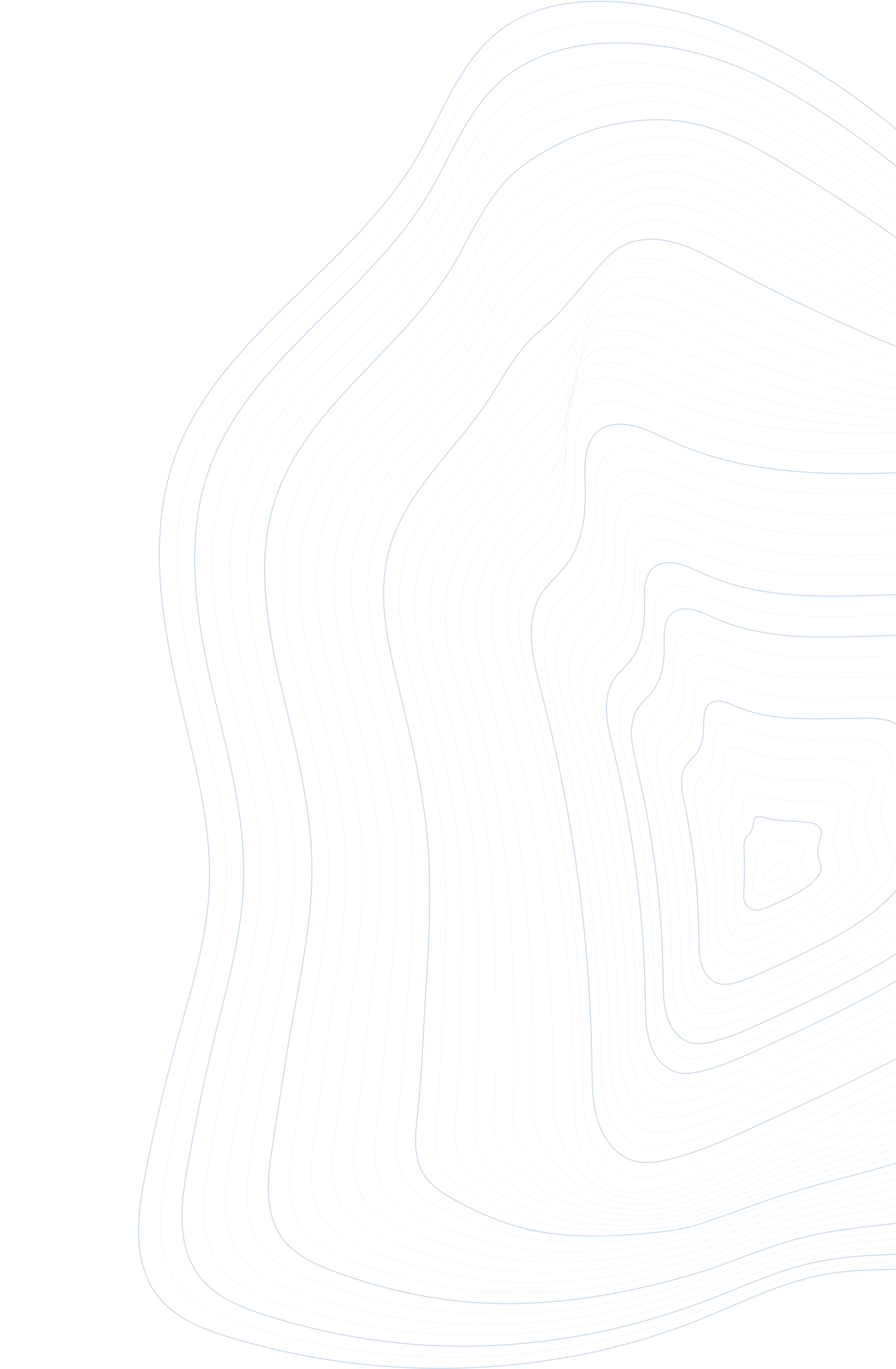Topographic map with contour lines and landmass outline in blue and white.