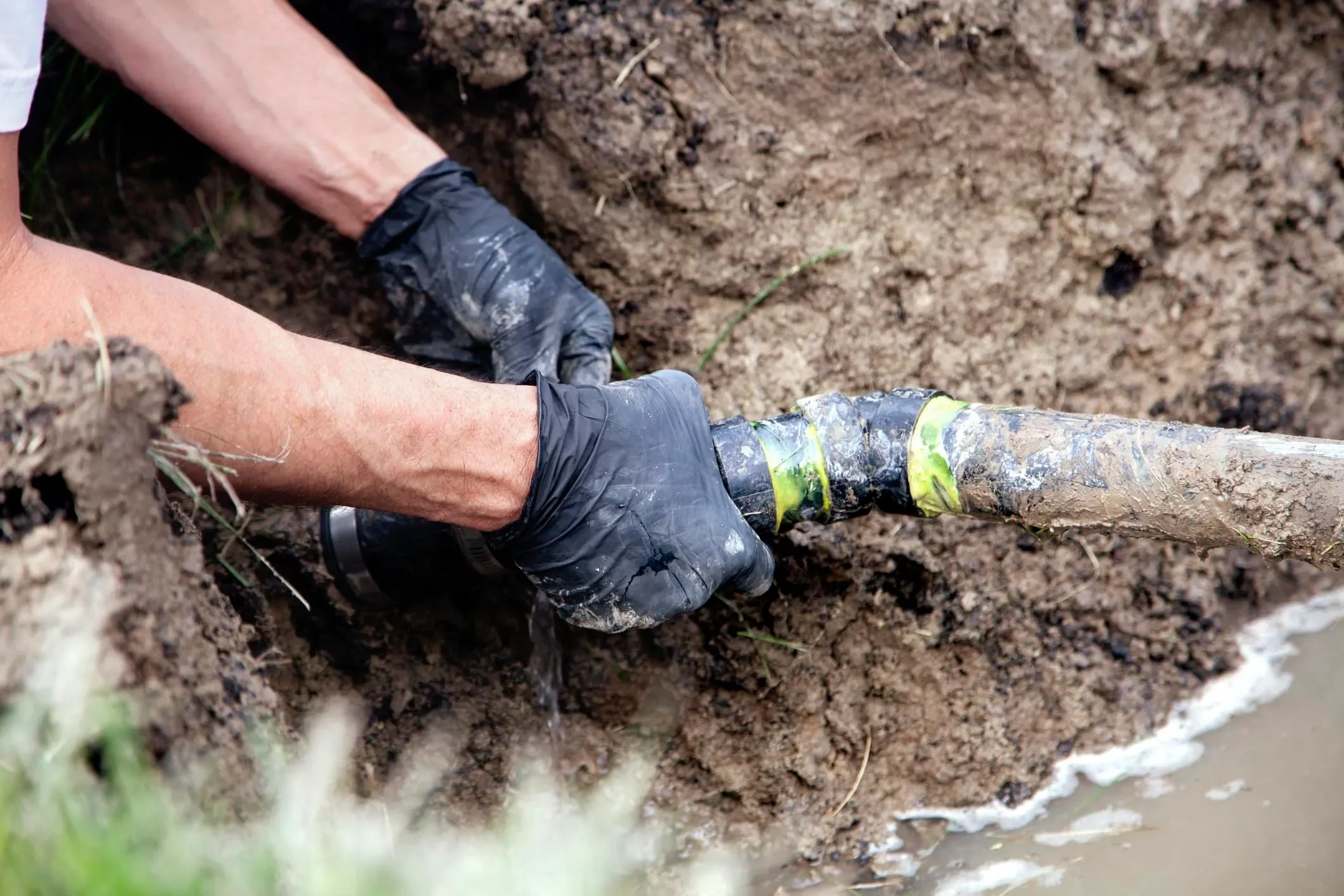 Person digging in muddy ground with hands wearing black gloves, using a shovel with soil and water around.