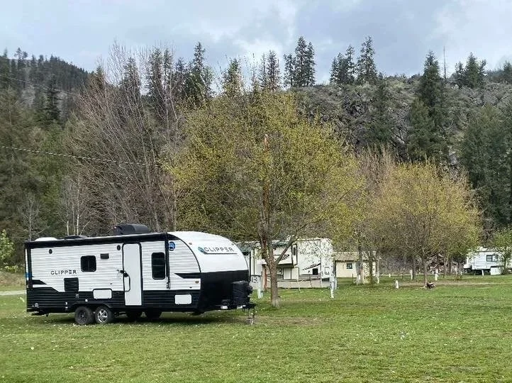 A travel trailer parked at Timber Ridge Rv & Storage on a grassy area with scattered trees, with mountains and forest in the background.