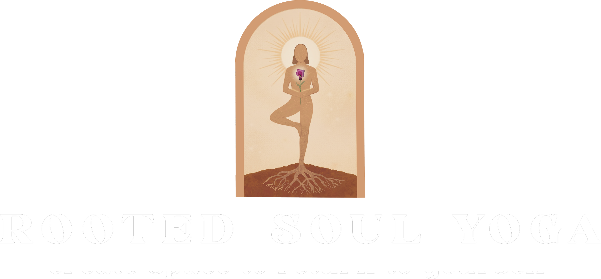 Illustration of a woman in yoga pose with roots extending into the ground, center of her chest features a purple flower, and a radiating halo around her head. Text reads 'Rooted Soul Yoga'.